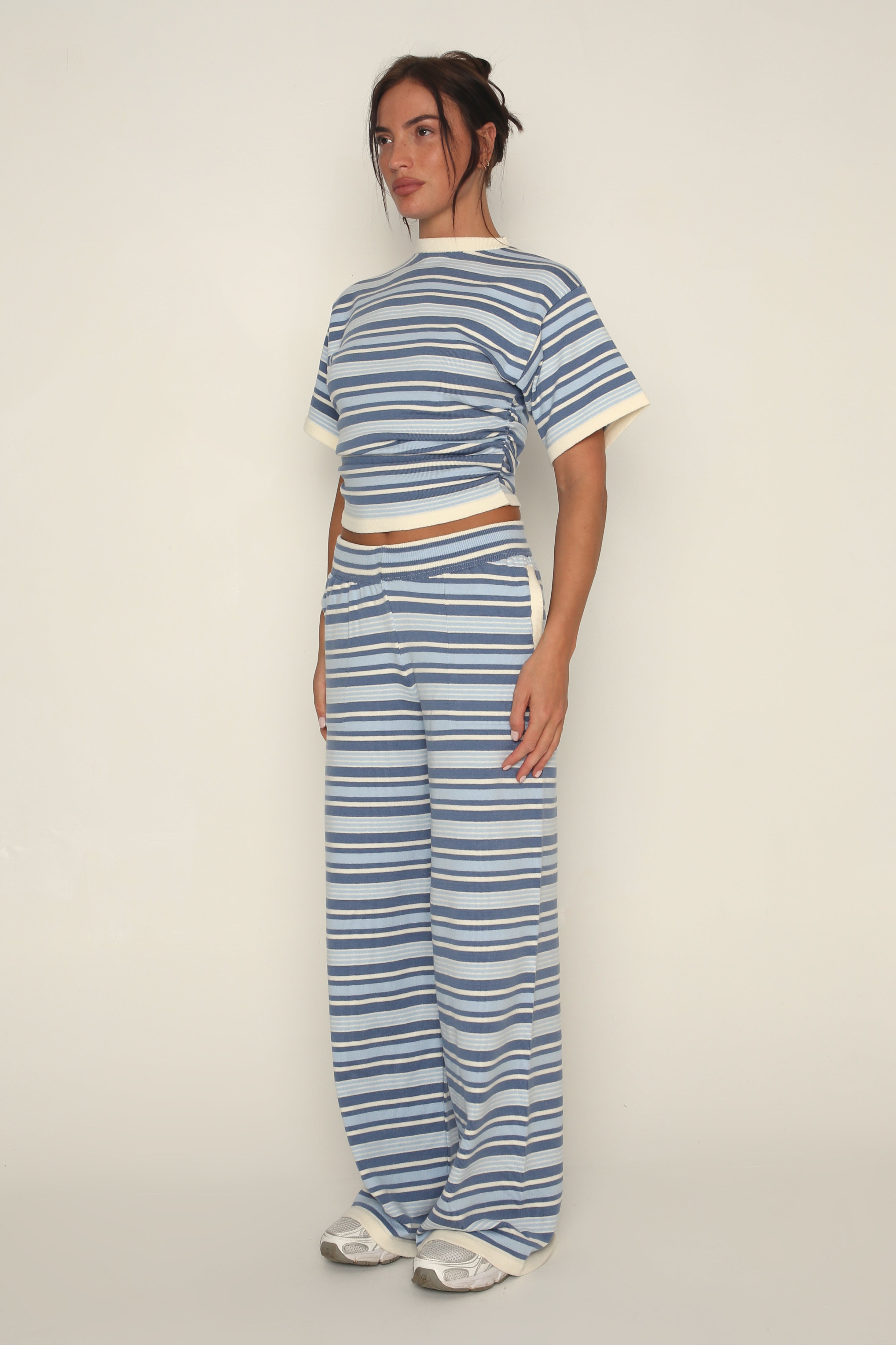 Stripe Ruched Side Tee in Blue
