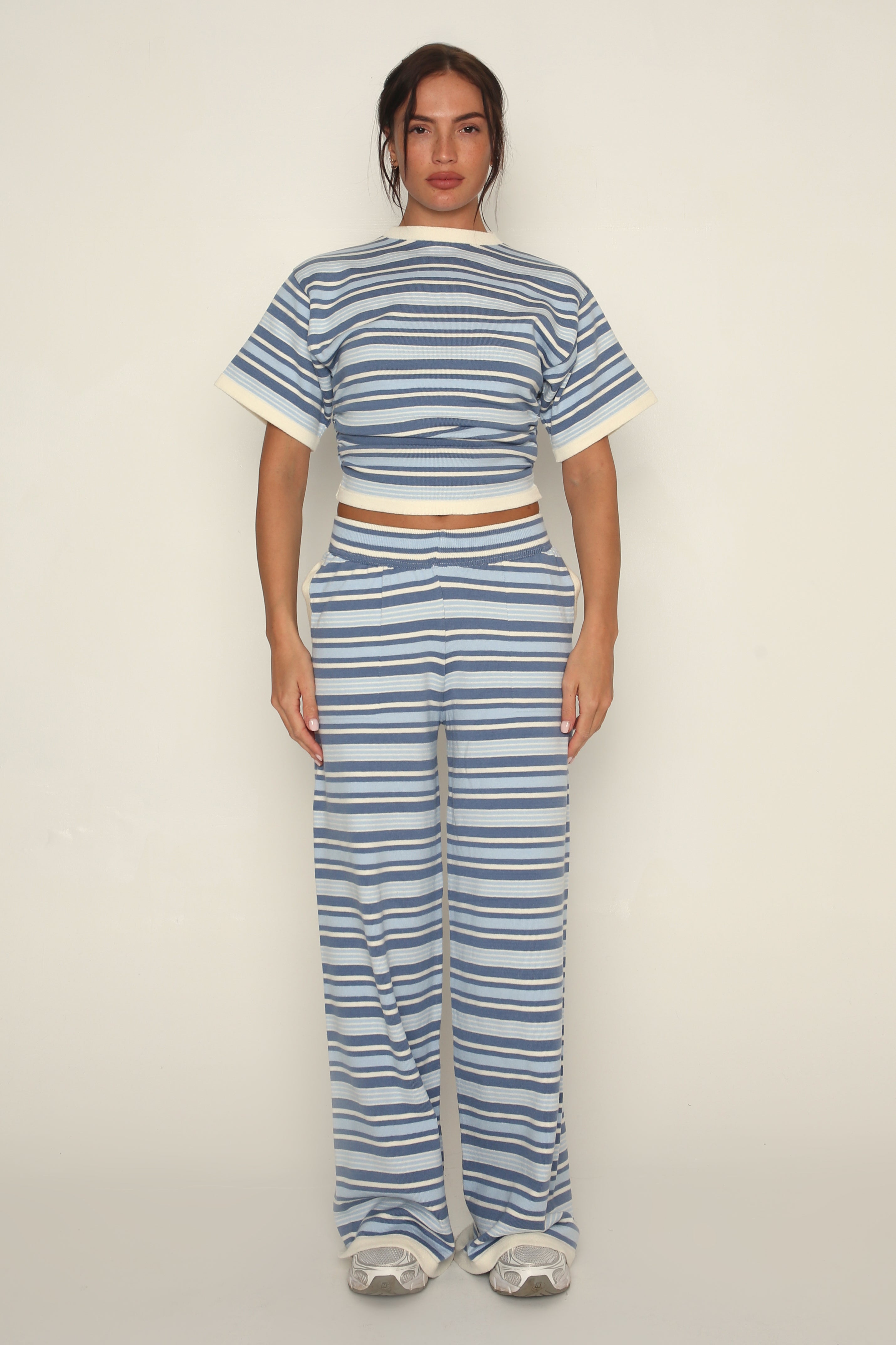 Stripe Ruched Side Tee in Blue