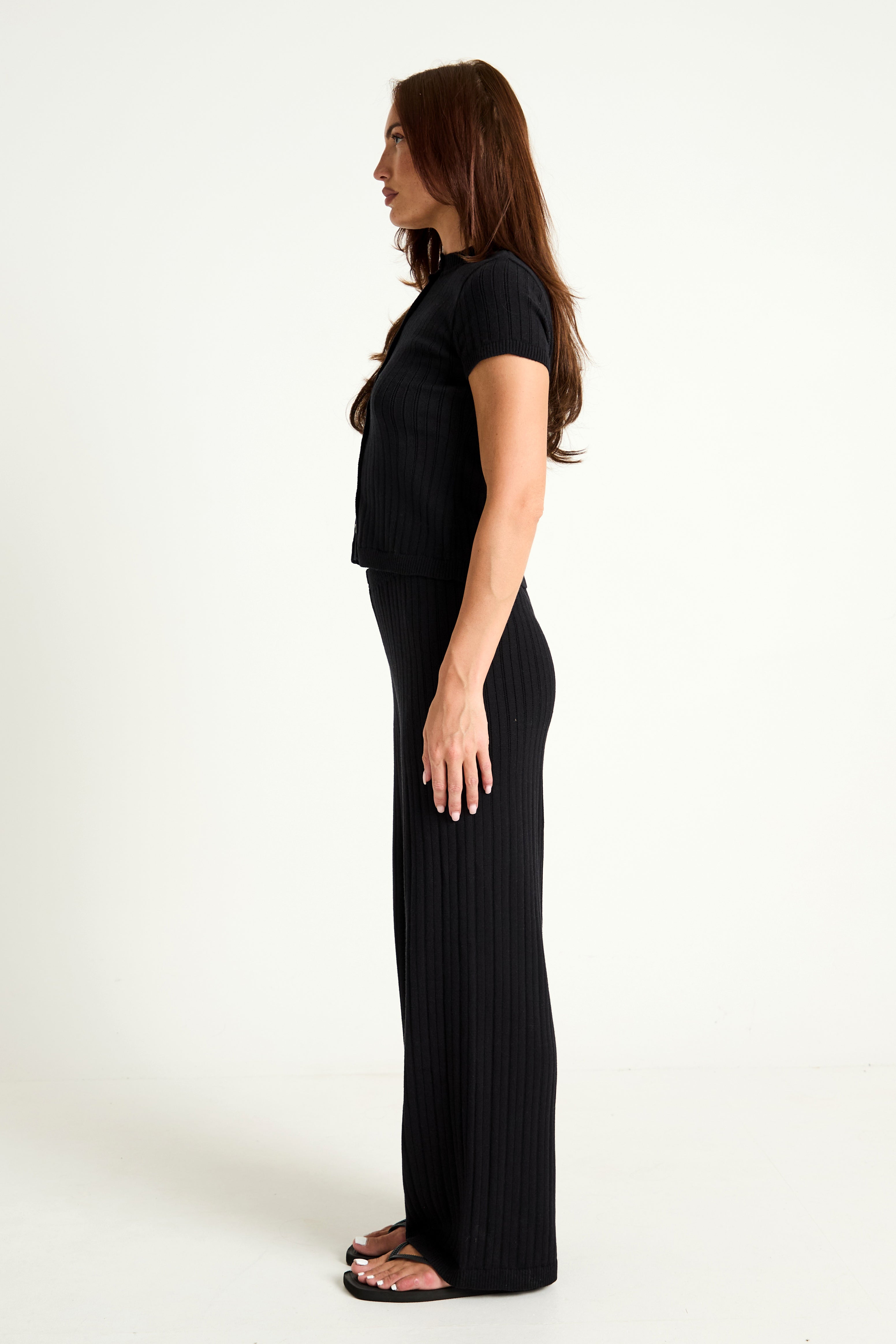 Pointelle Knit Wide Leg Trouser in Black