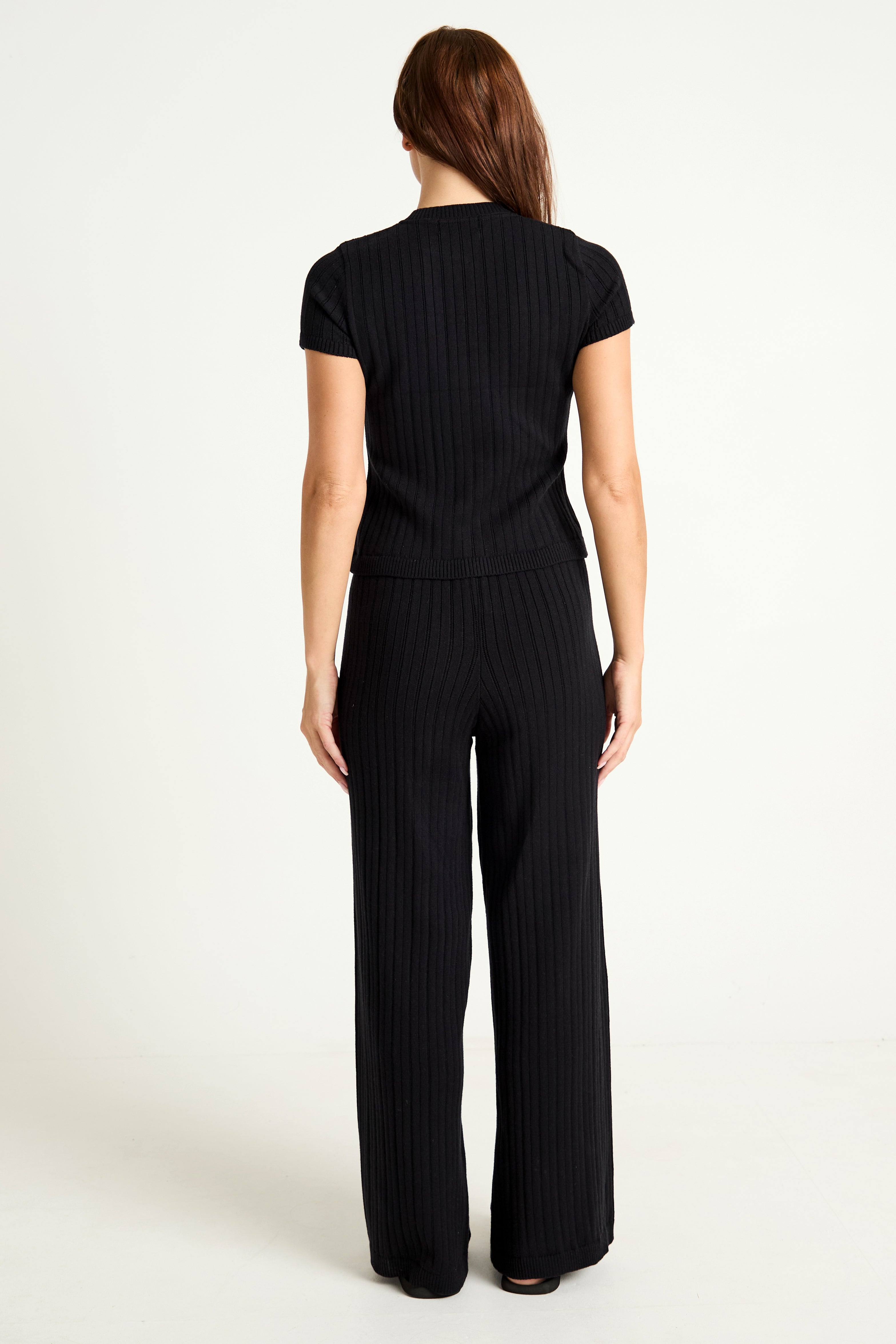 Pointelle Knit Wide Leg Trouser in Black