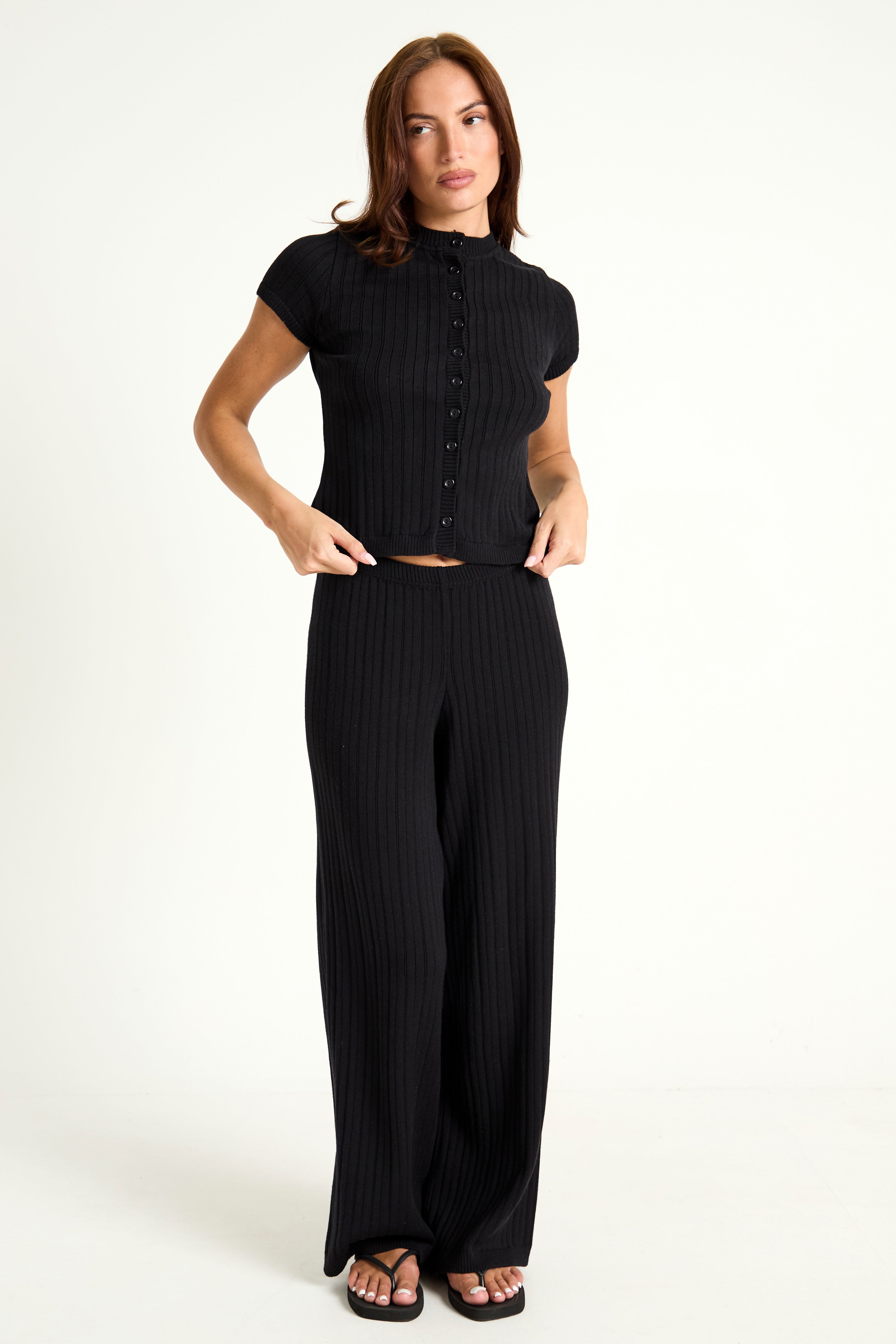 Pointelle Knit Wide Leg Trouser in Black