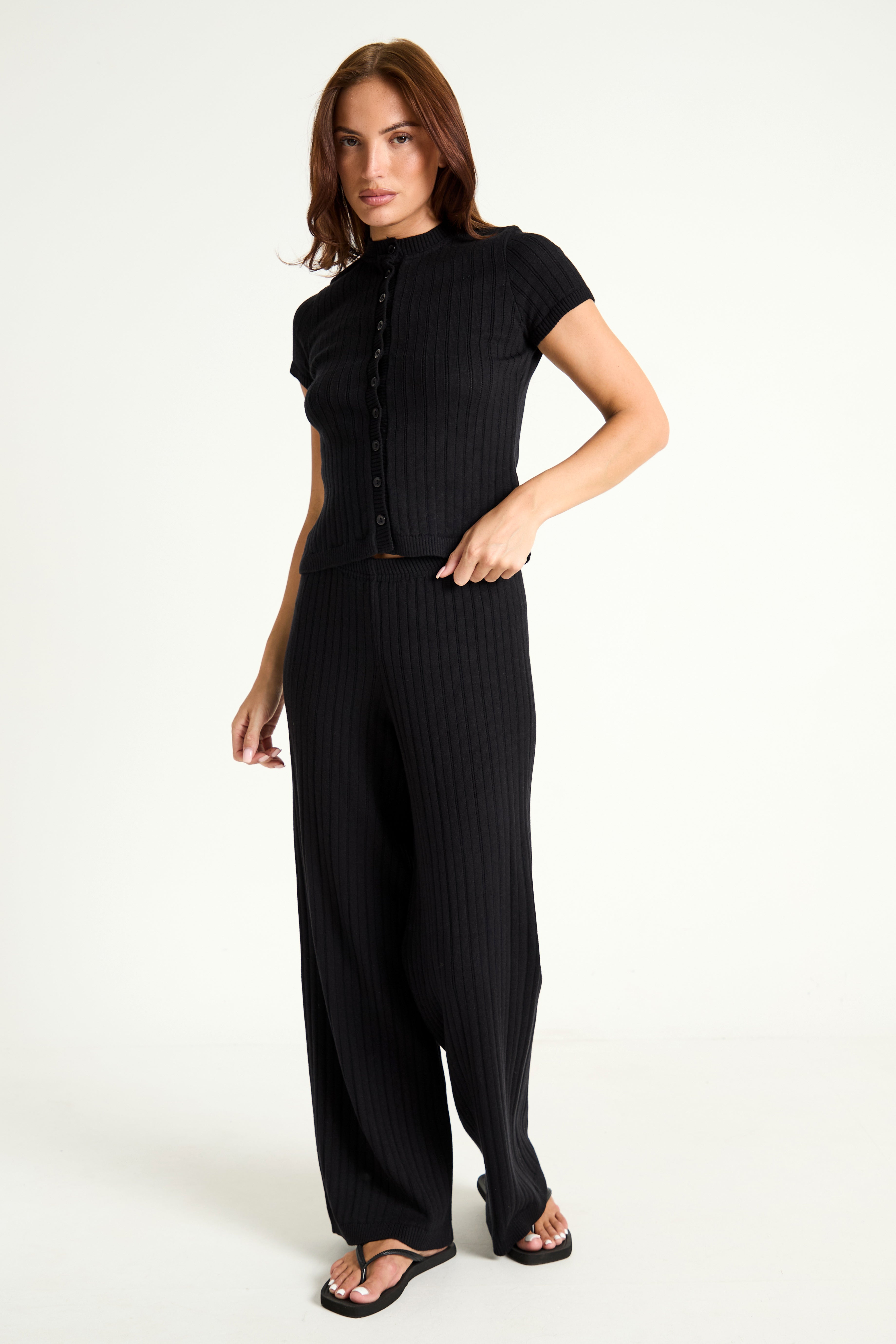 Pointelle Knit Wide Leg Trouser in Black