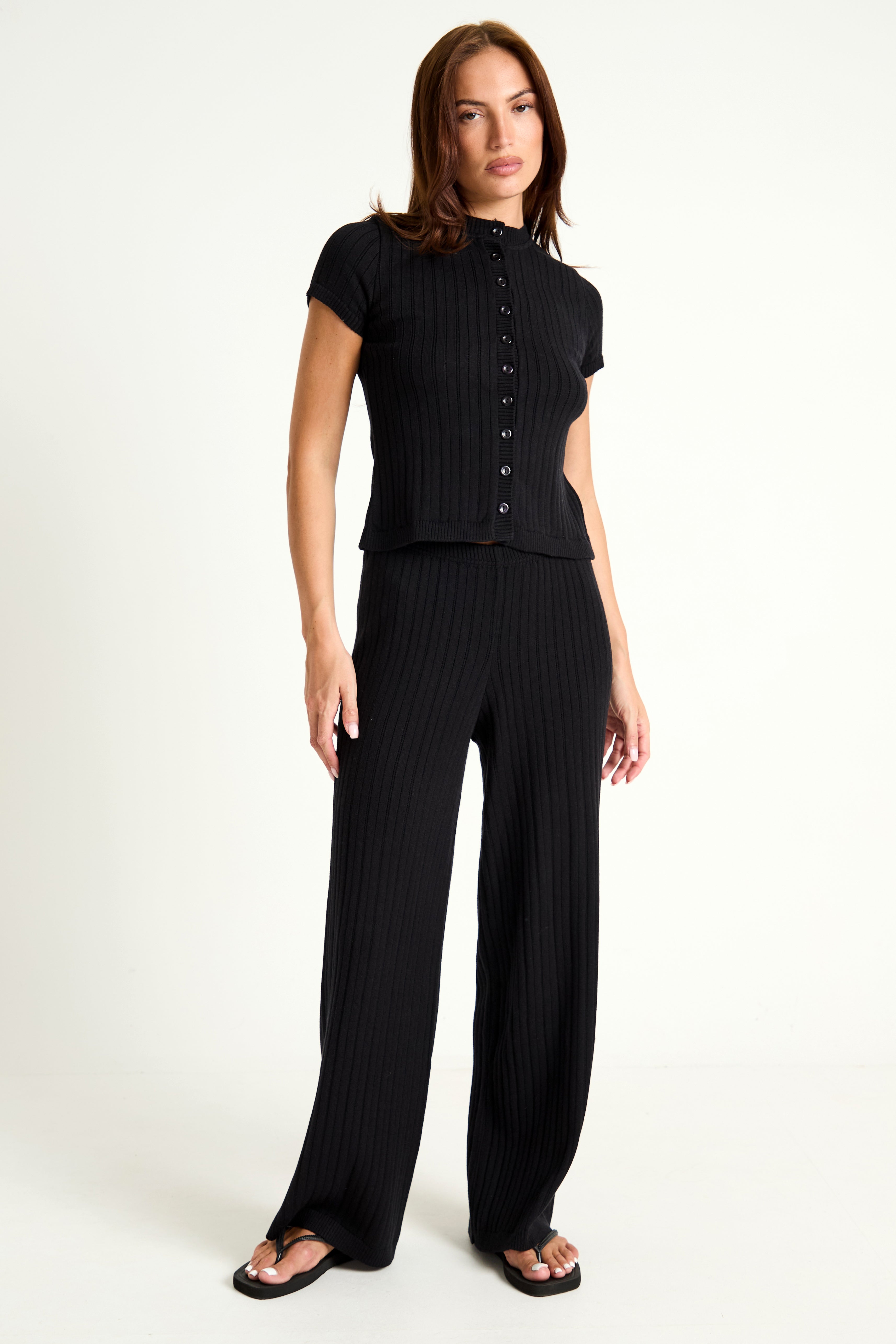 Pointelle Knit Wide Leg Trouser in Black