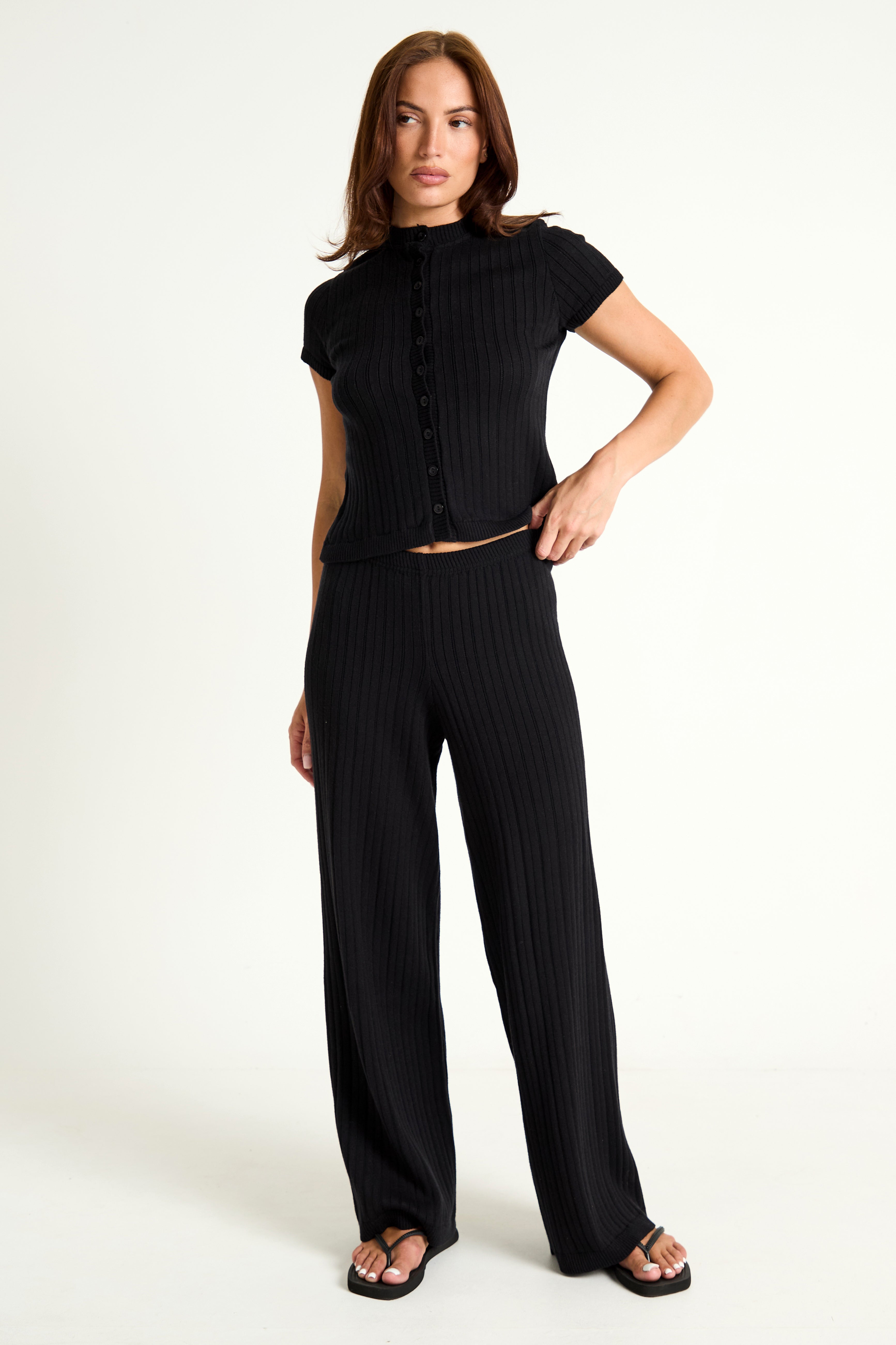 Pointelle Knit Wide Leg Trouser in Black