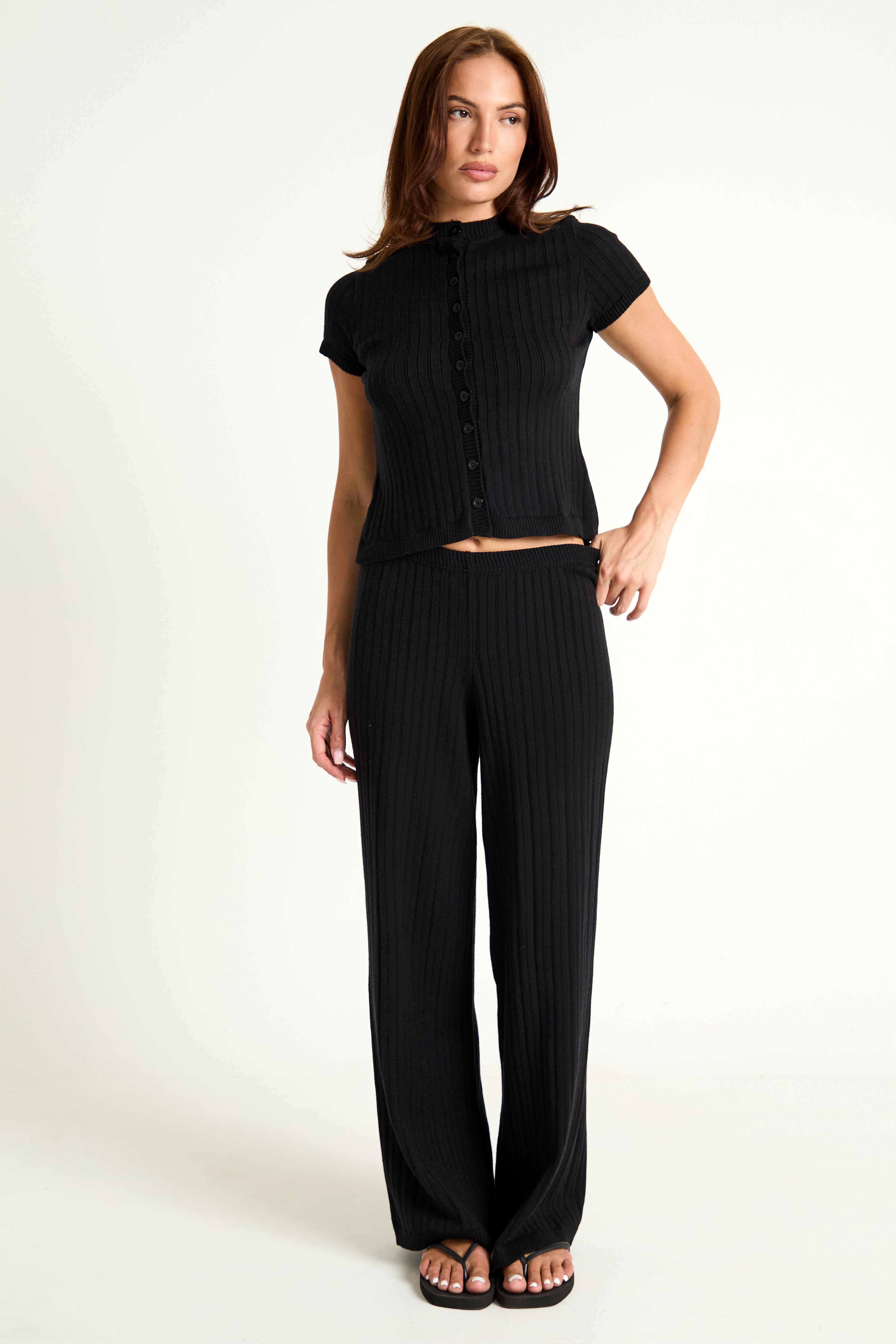 Pointelle Knit Wide Leg Trouser in Black