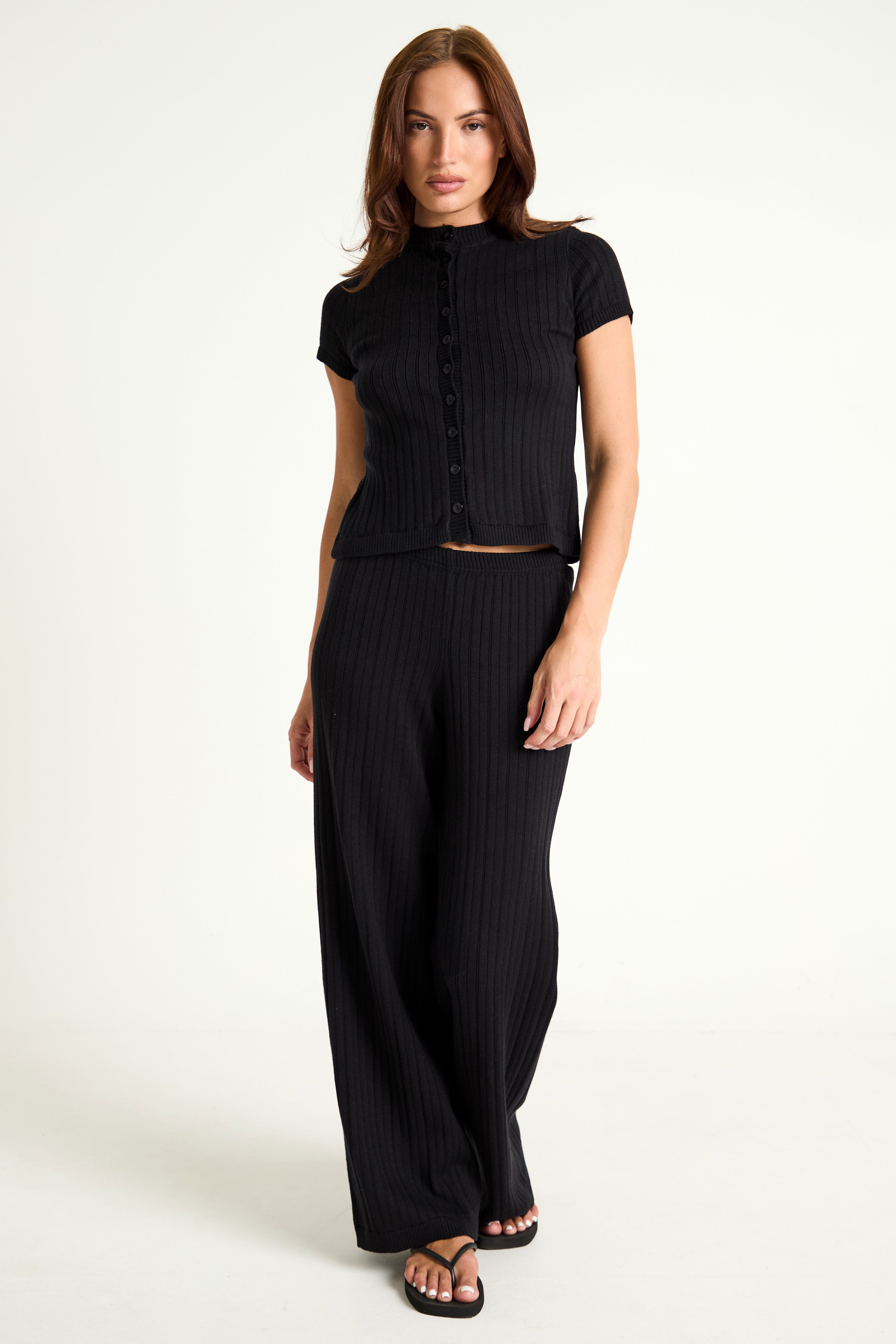 Pointelle Knit Wide Leg Trouser in Black