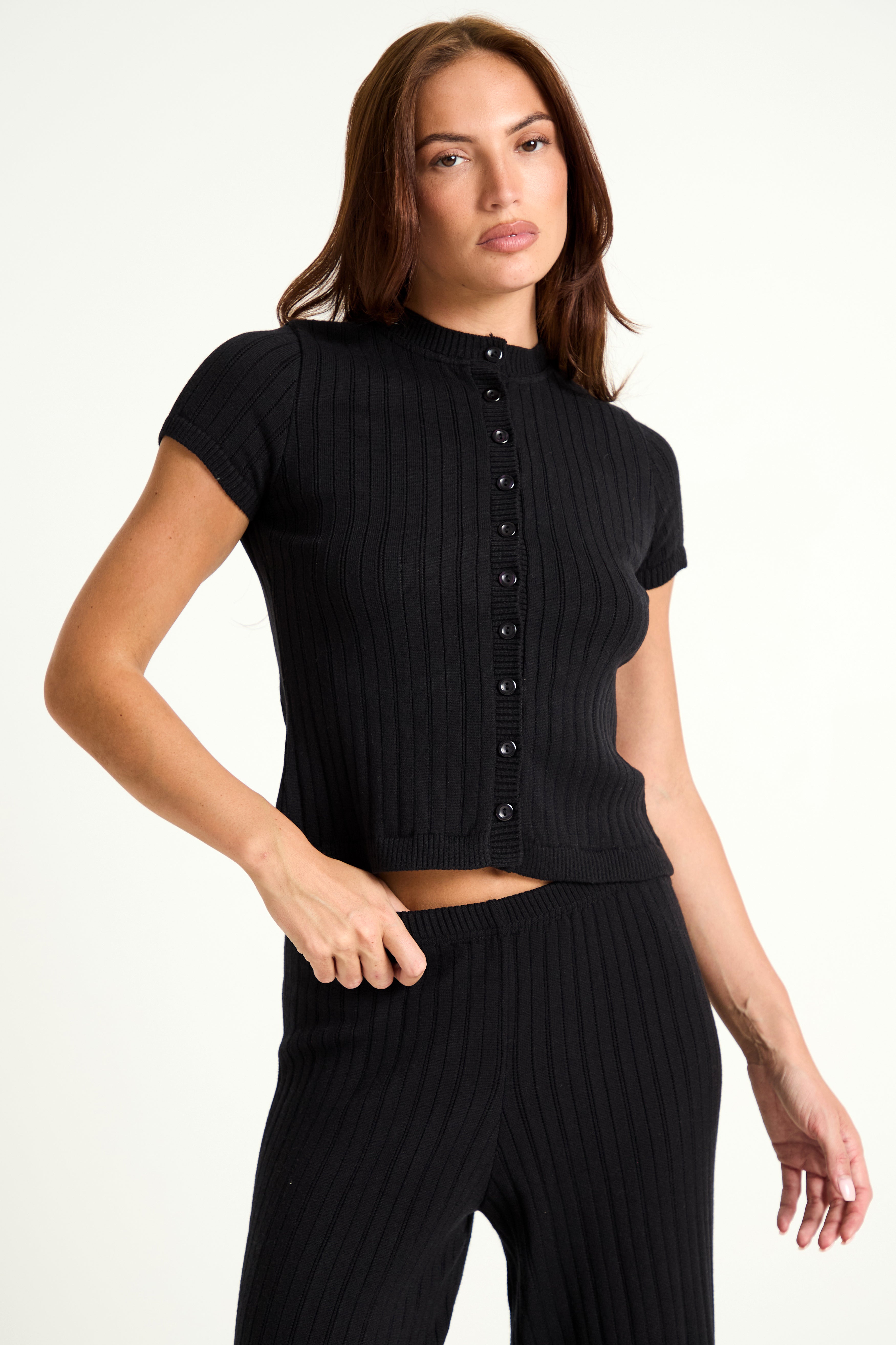 Pointelle Knit Button Down Top in Black