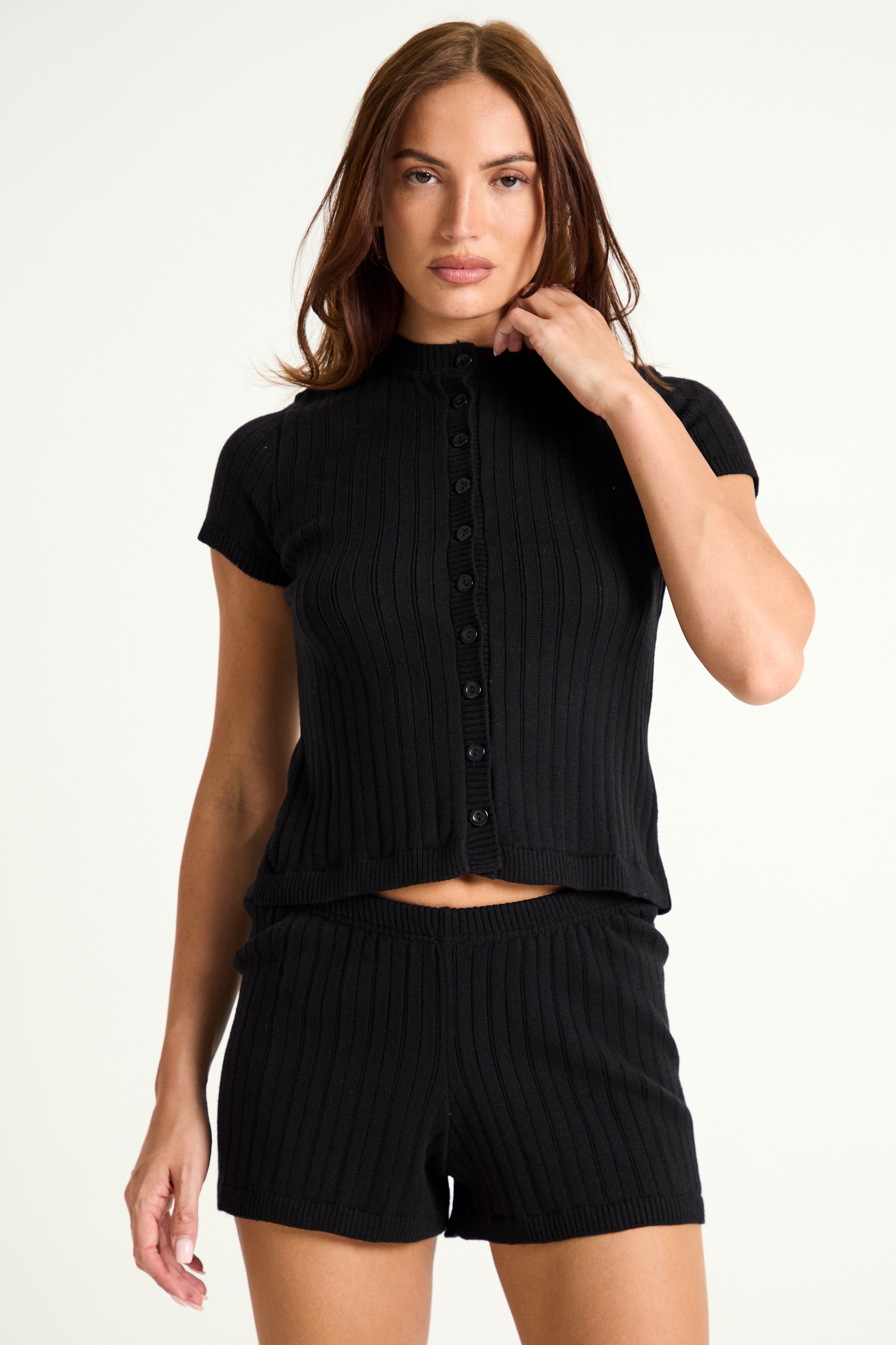 Pointelle Knit Button Down Top in Black