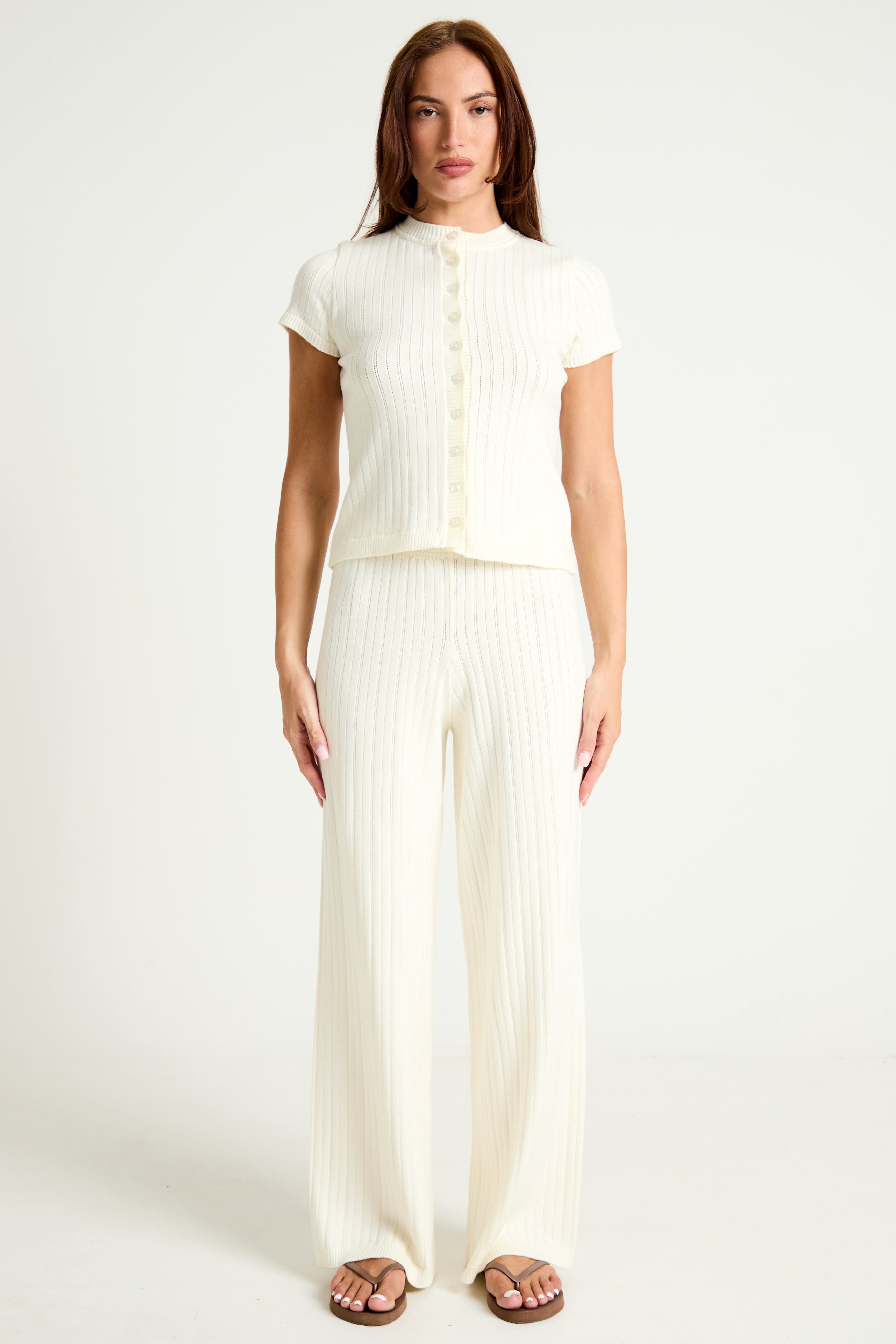Pointelle Knit Wide Leg Trouser in Cream