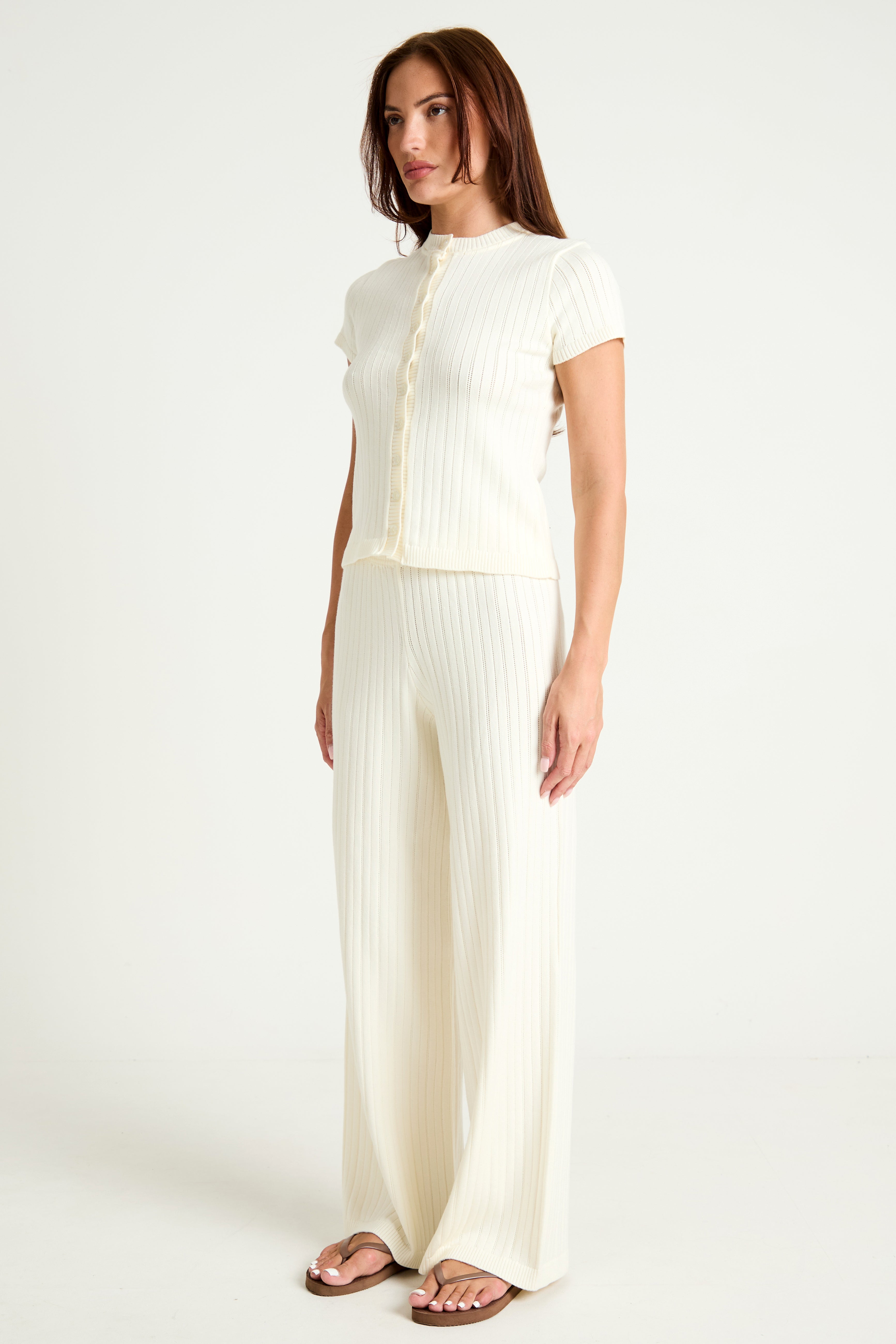Pointelle Knit Wide Leg Trouser in Cream