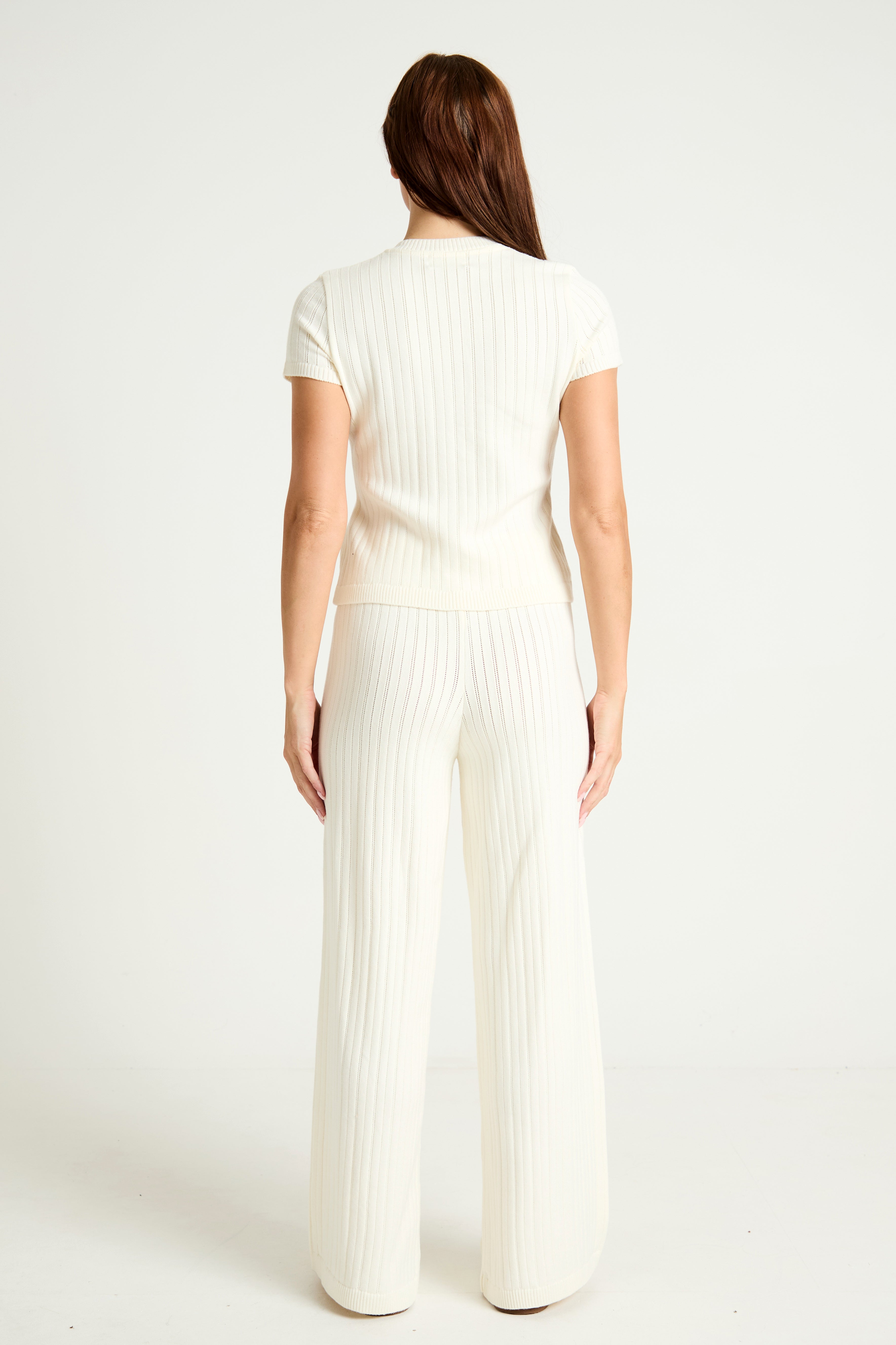 Pointelle Knit Wide Leg Trouser in Cream