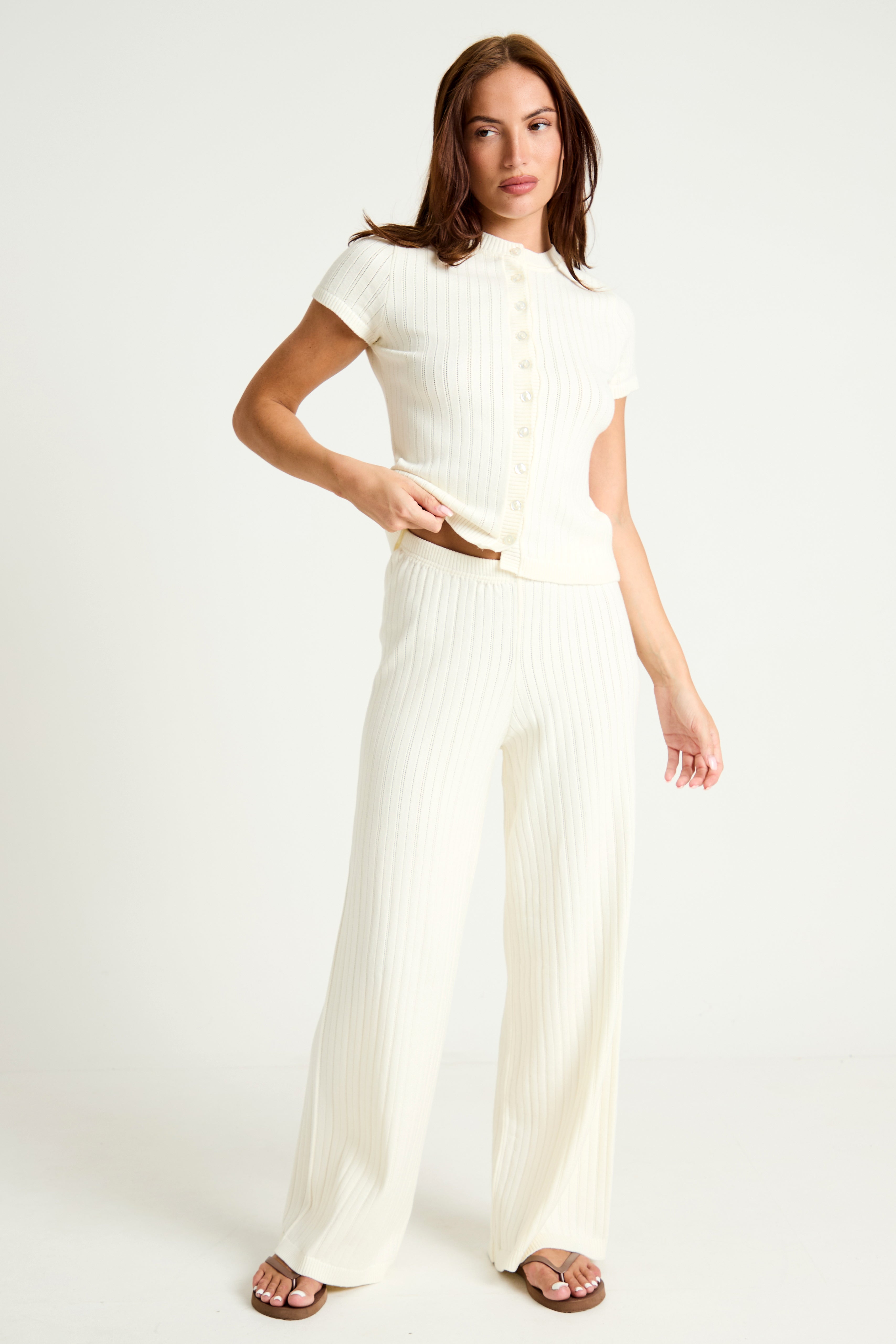 Pointelle Knit Button Down Top in Cream
