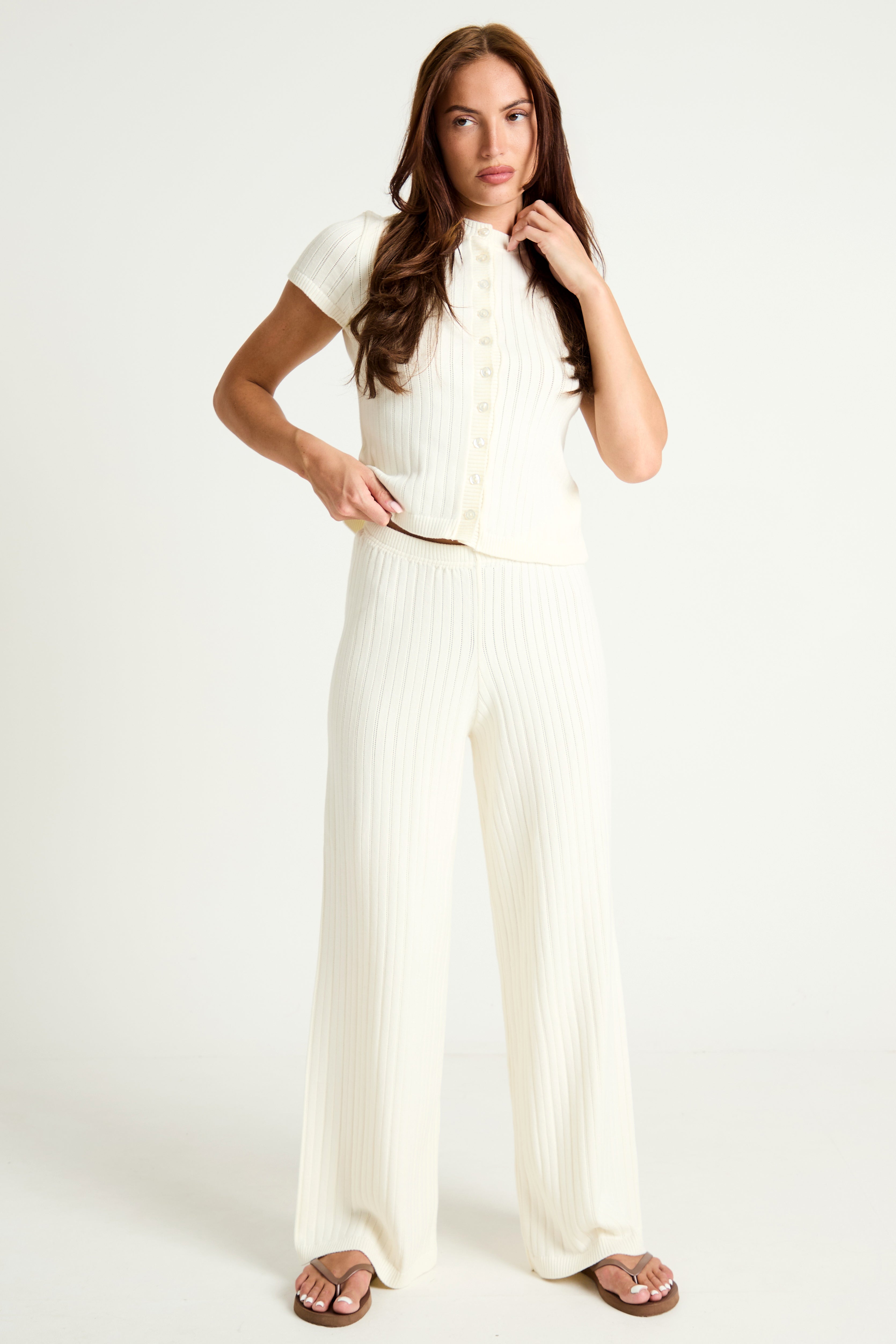 Pointelle Knit Wide Leg Trouser in Cream
