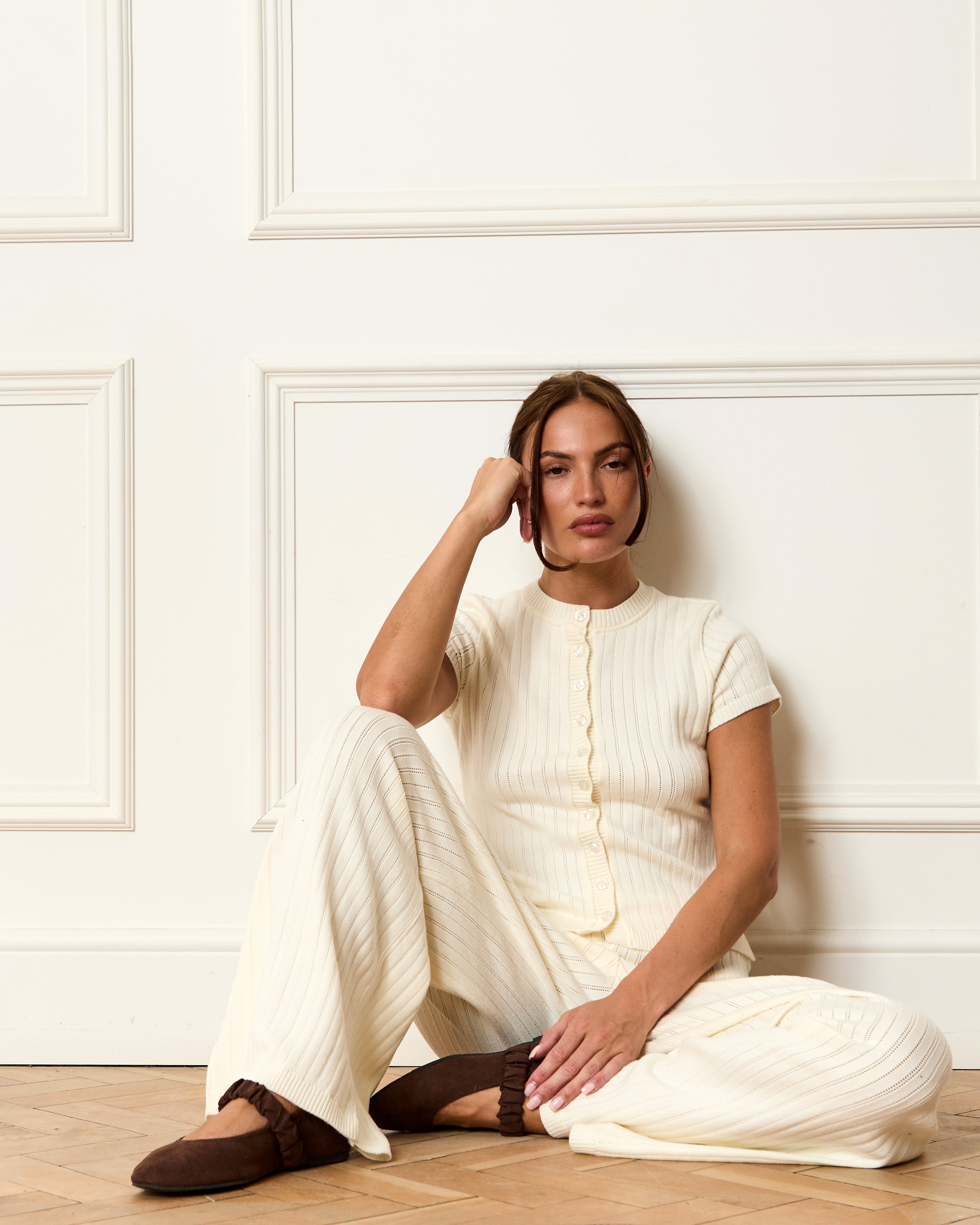 Pointelle Knit Wide Leg Trouser in Cream