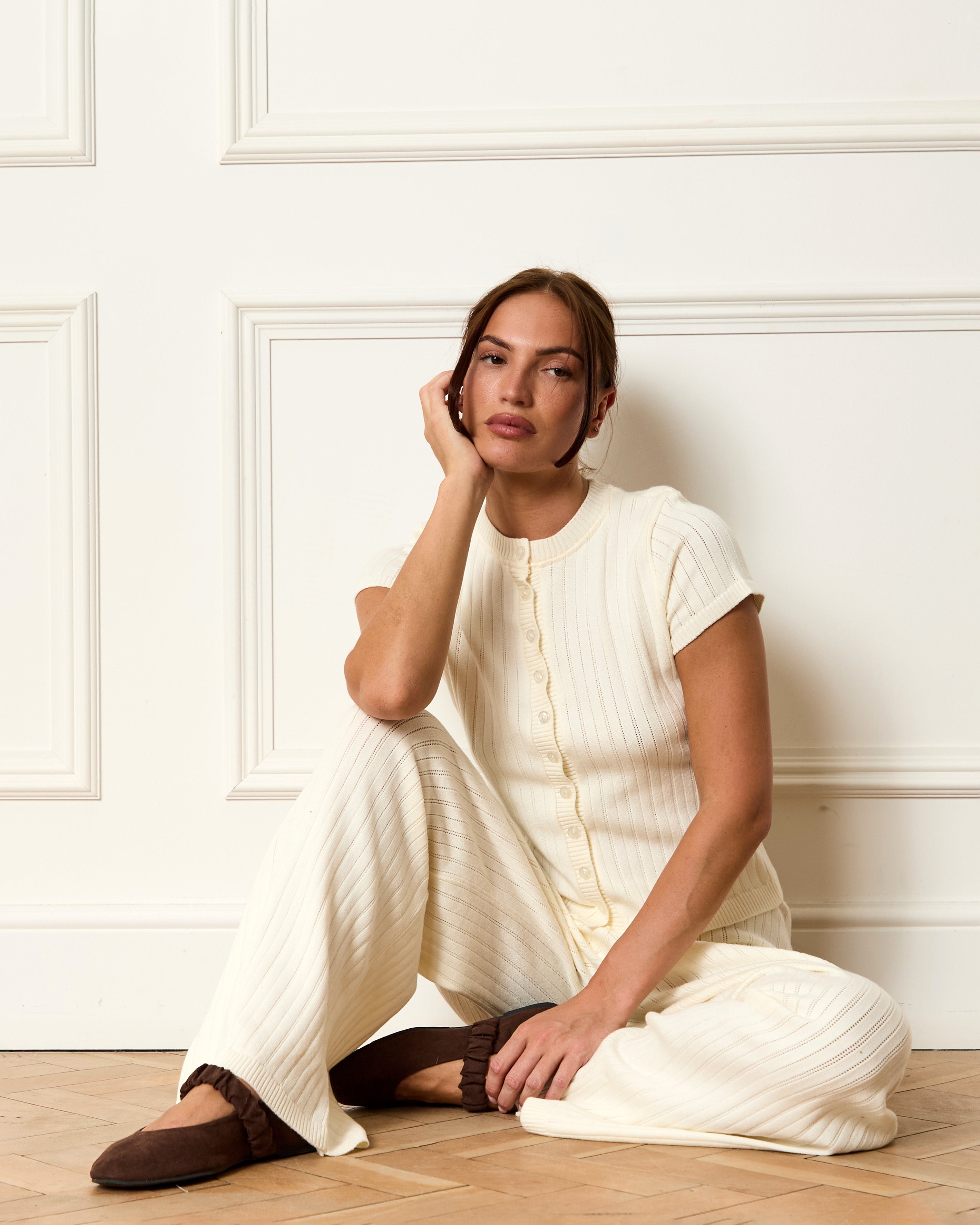 Pointelle Knit Wide Leg Trouser in Cream