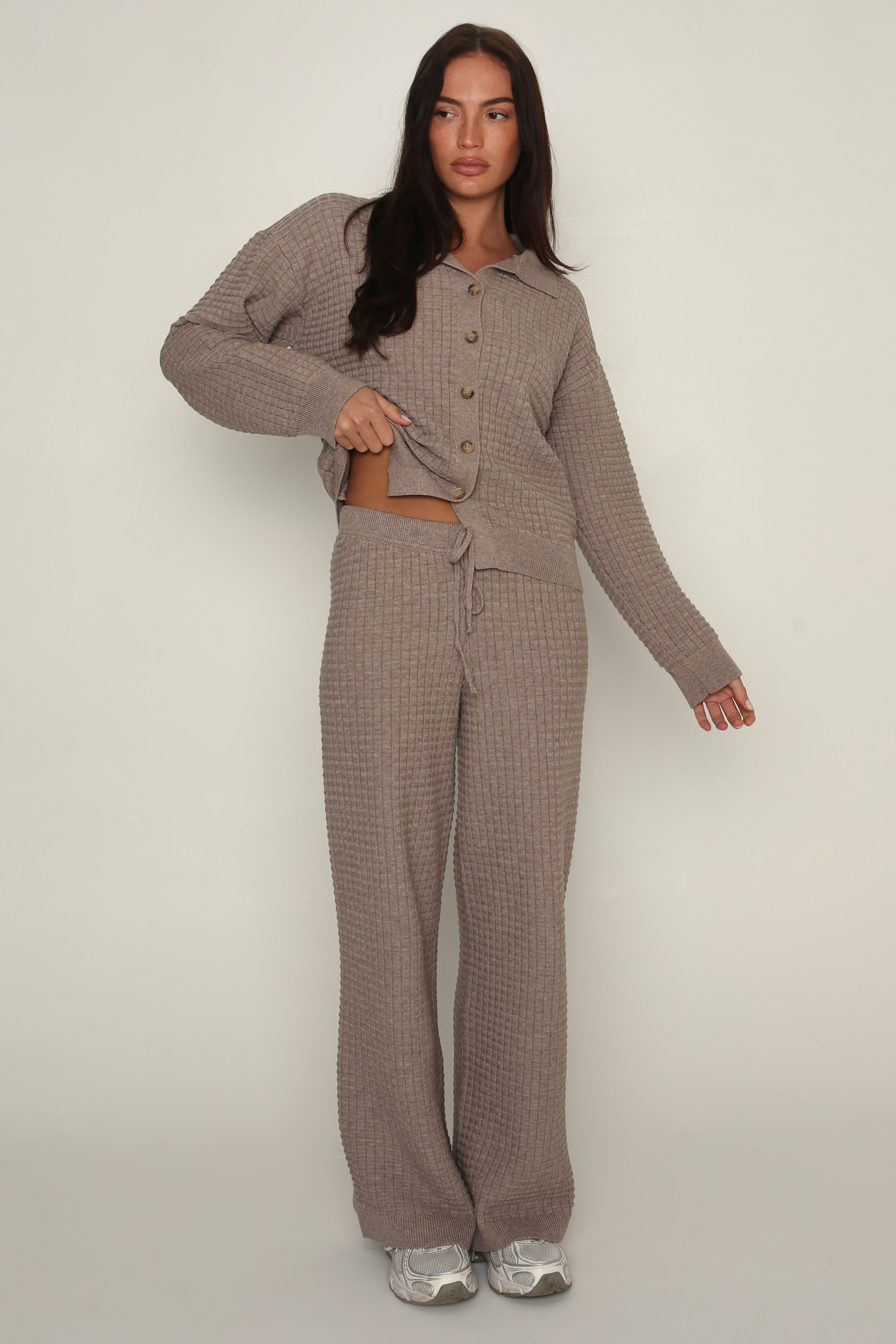 Cozy Waffle Knit Cardigan in Brown