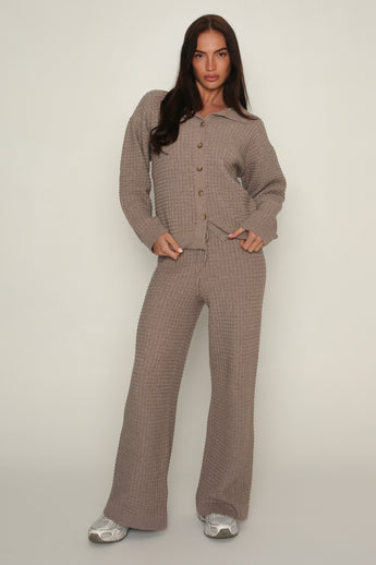 Cozy Waffle Knit Wide Leg Trousers in Brown