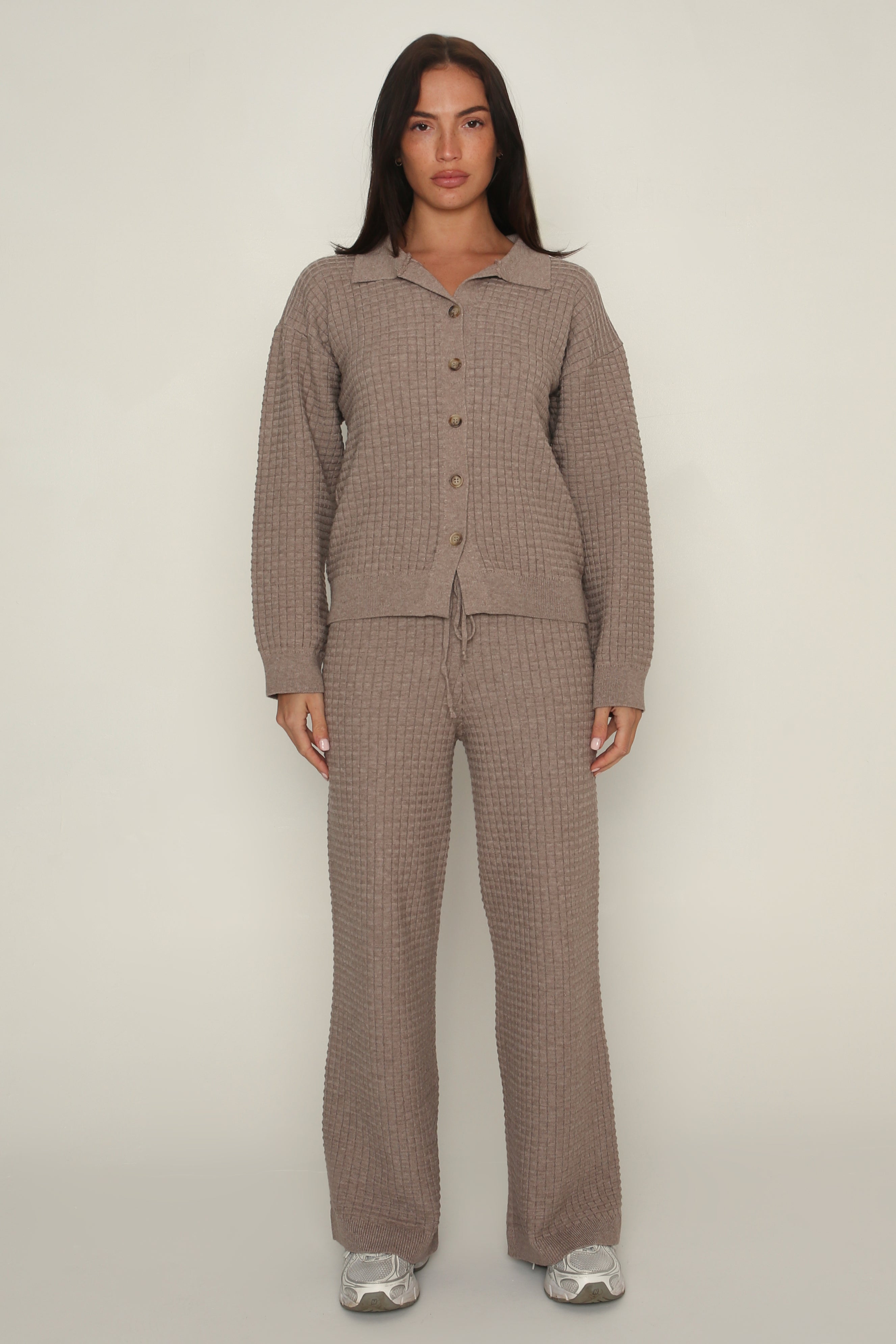 Cozy Waffle Knit Cardigan in Brown