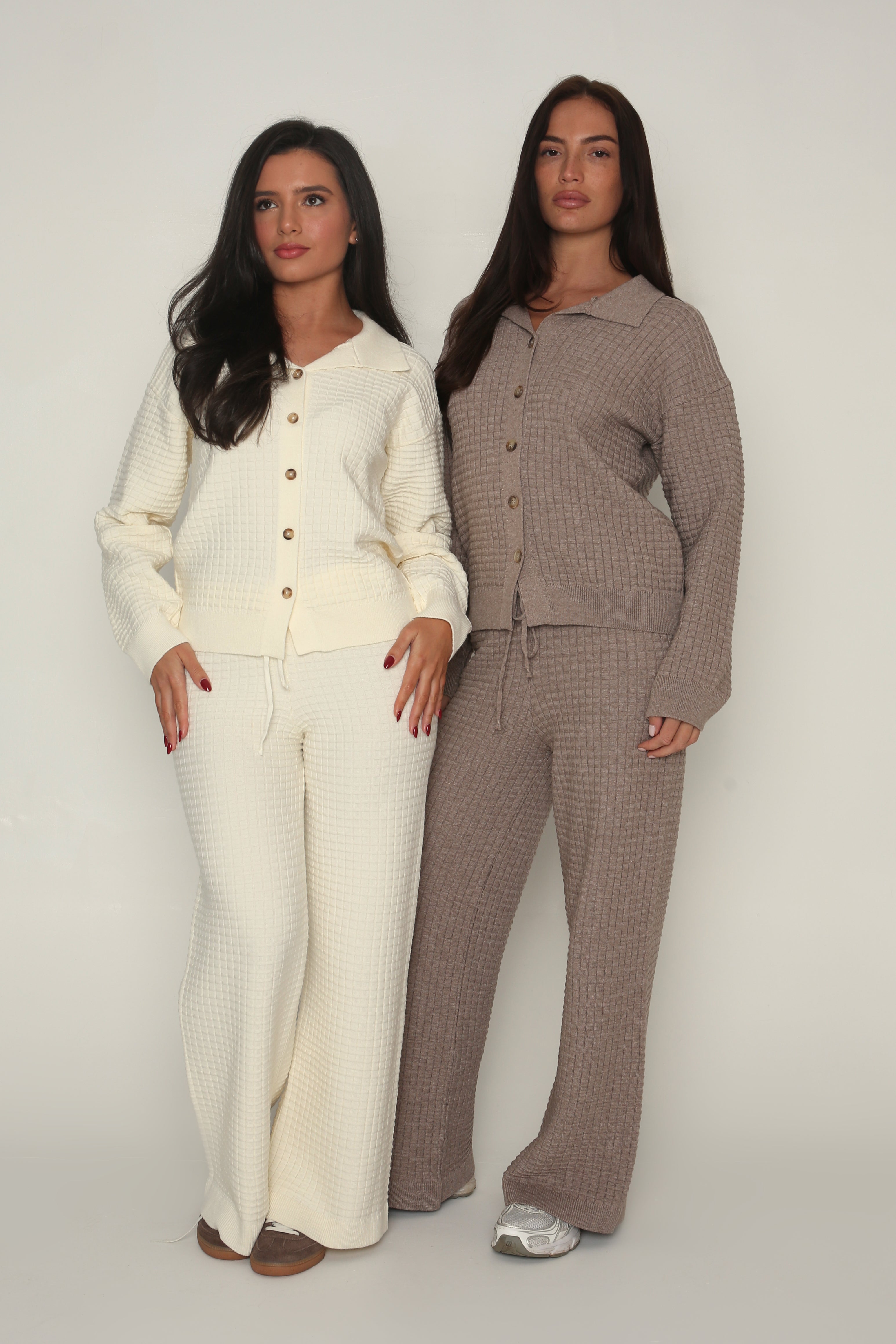 Cozy Waffle Knit Wide Leg Trousers in Cream