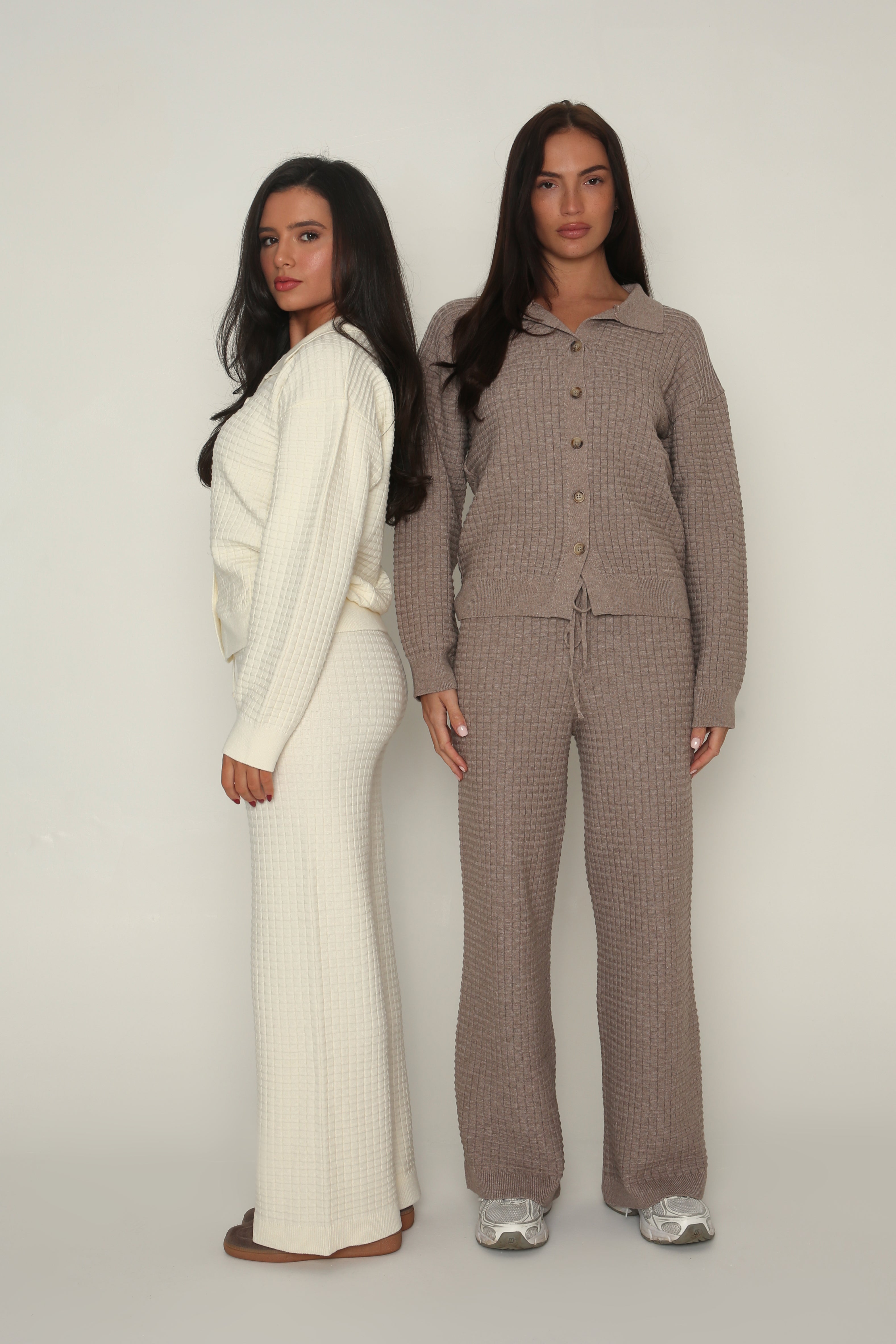 Cozy Waffle Knit Wide Leg Trousers in Cream