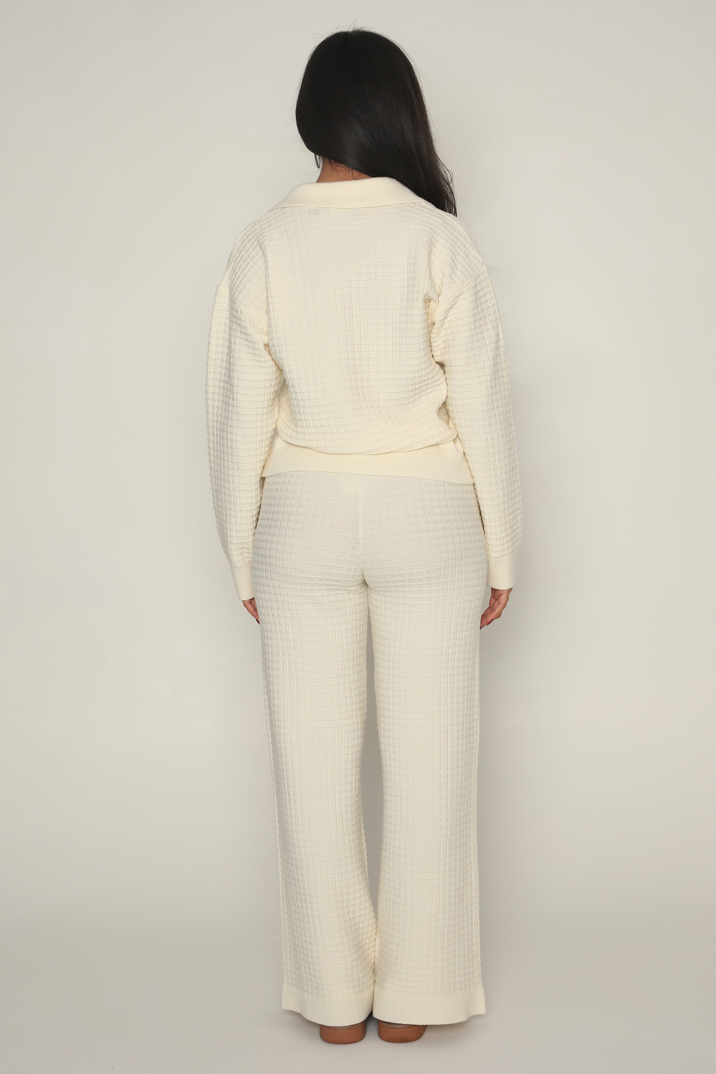 Cozy Waffle Knit Wide Leg Trousers in Cream