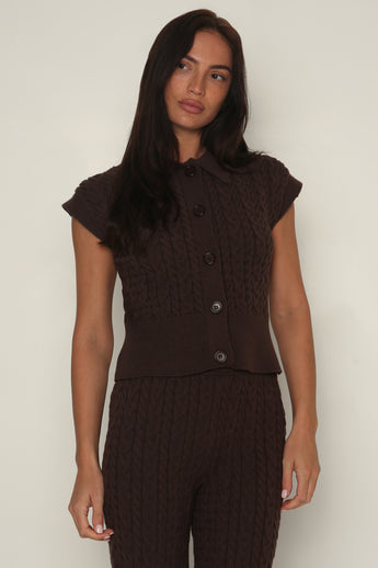 Cable Knit Button Up Vest in Chocolate