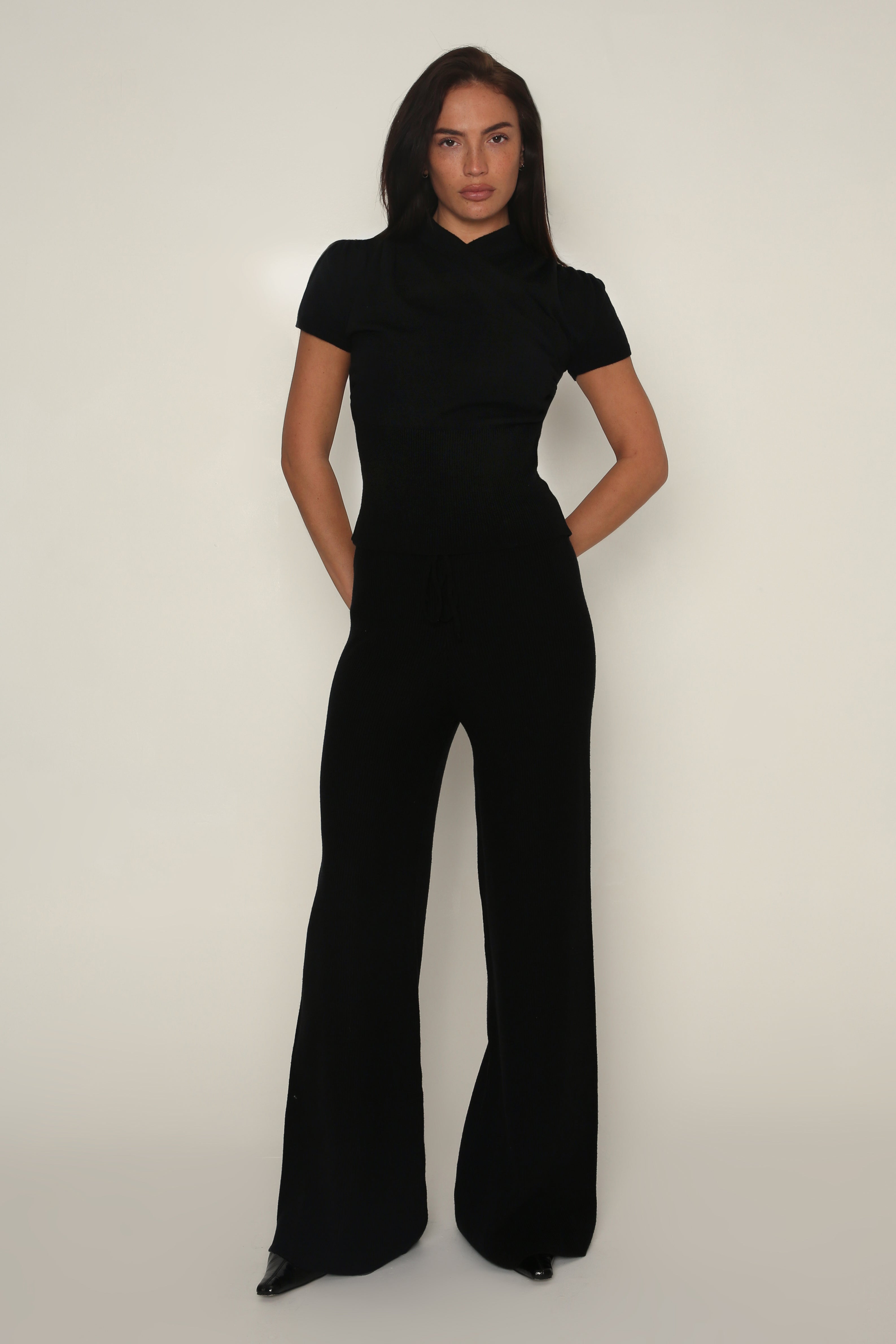 Fine Knit Wide Leg Trousers in Black