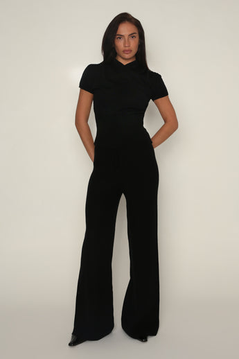Fine Knit Wide Leg Trousers in Black