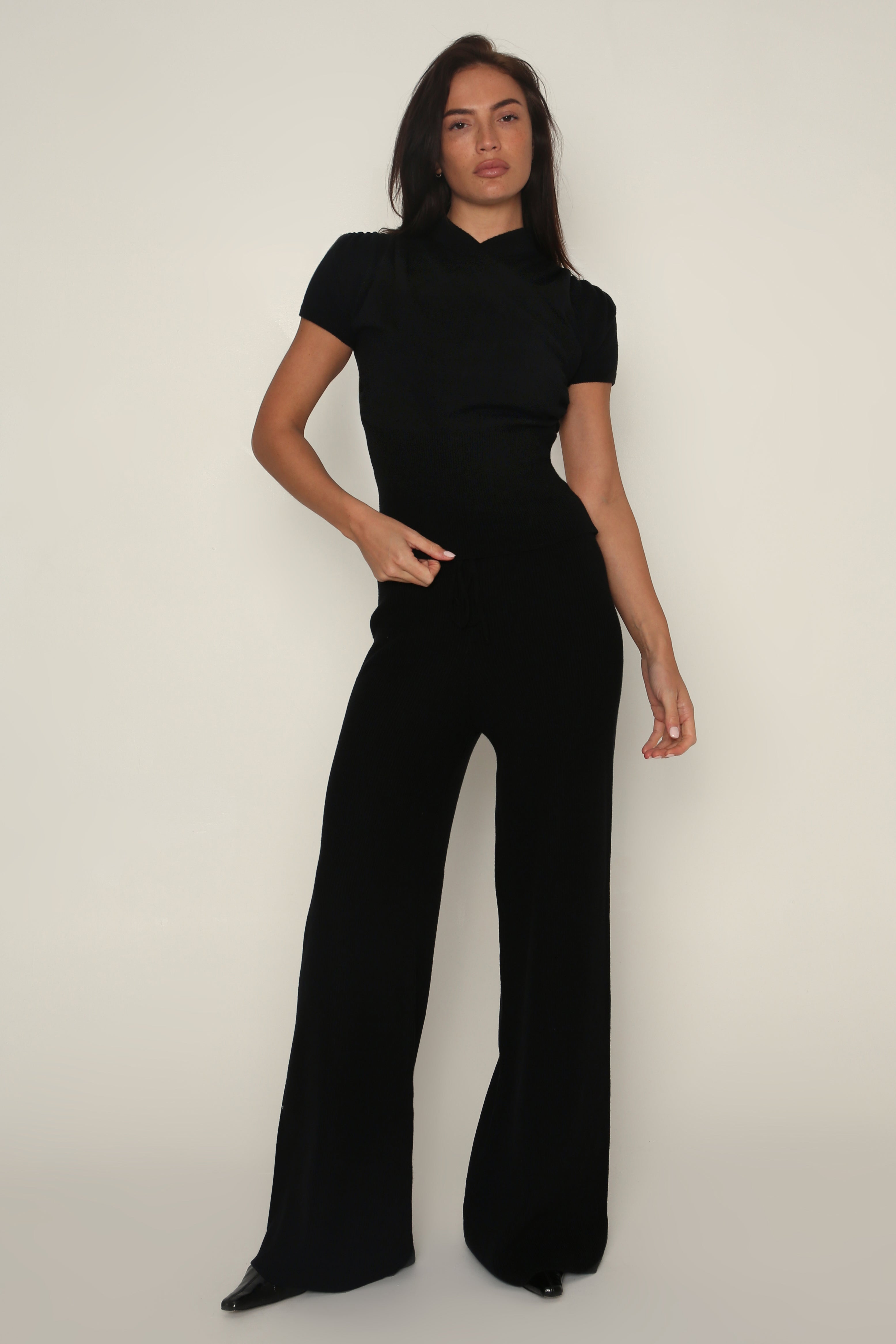 Fine Knit Wide Leg Trousers in Black