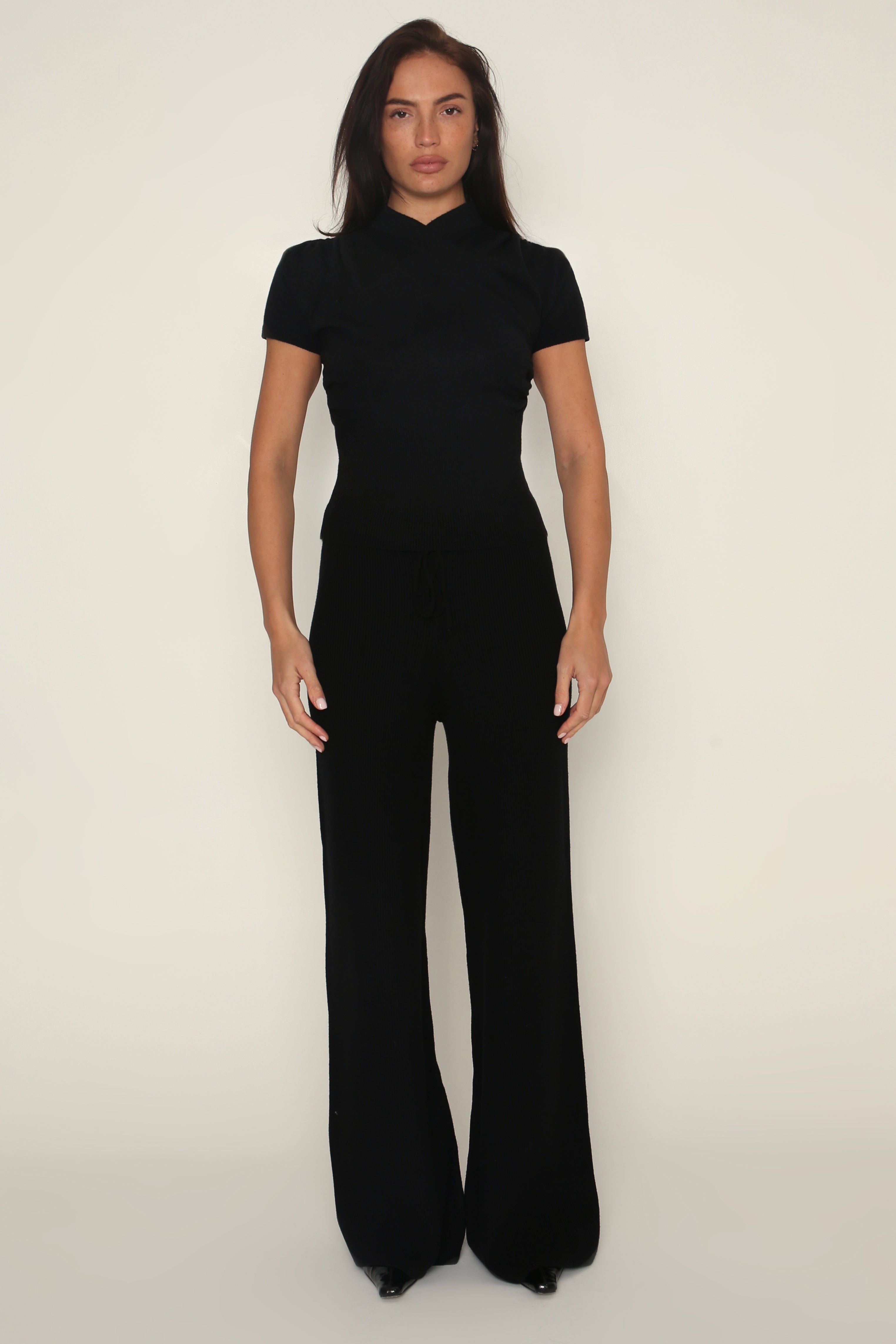Fine Knit Wide Leg Trousers in Black