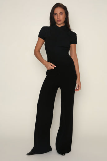 Fine Knit Wide Leg Trousers in Black