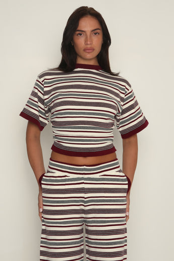 Stripe Ruched Side Tee in Burgundy