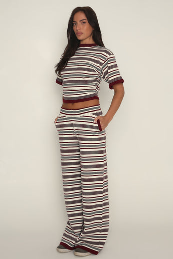 Stripe Wide Leg Trousers in Burgundy