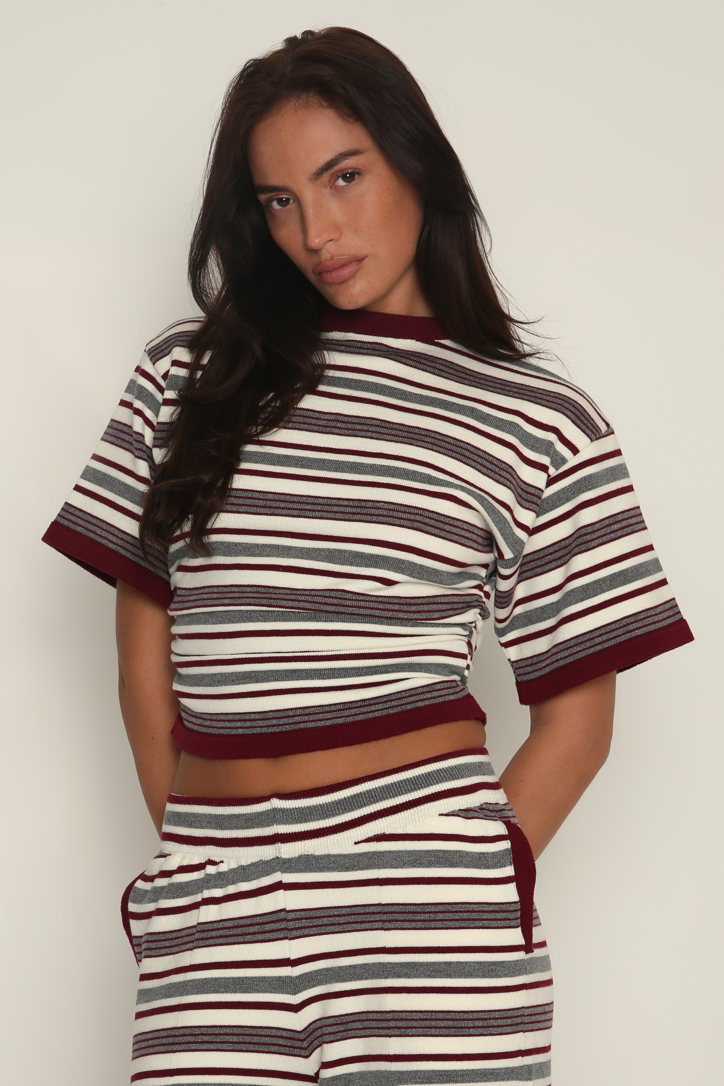 Stripe Ruched Side Tee in Burgundy