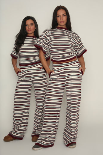 Stripe Wide Leg Trousers in Burgundy