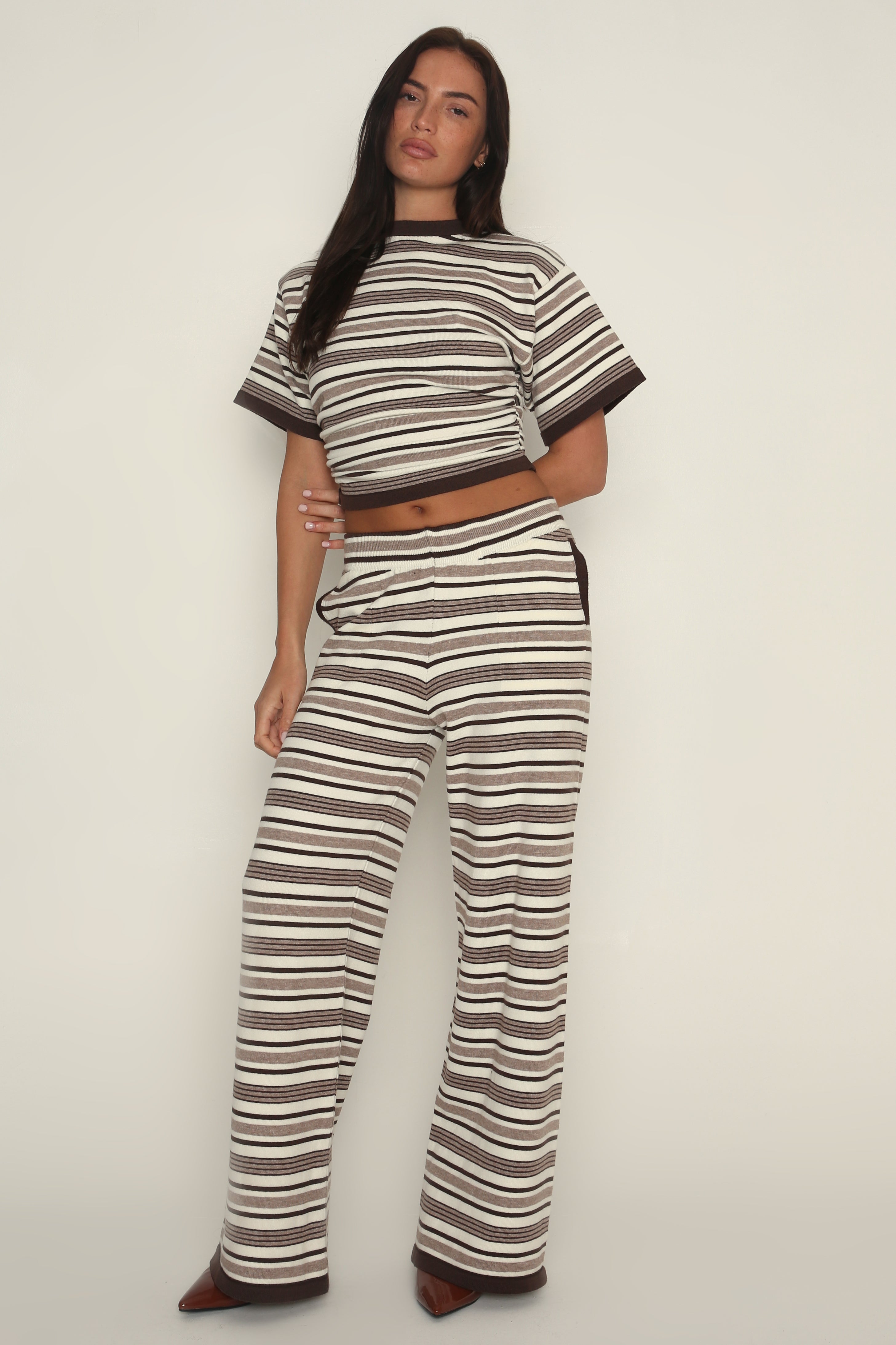 Stripe Wide Leg Trousers in Brown