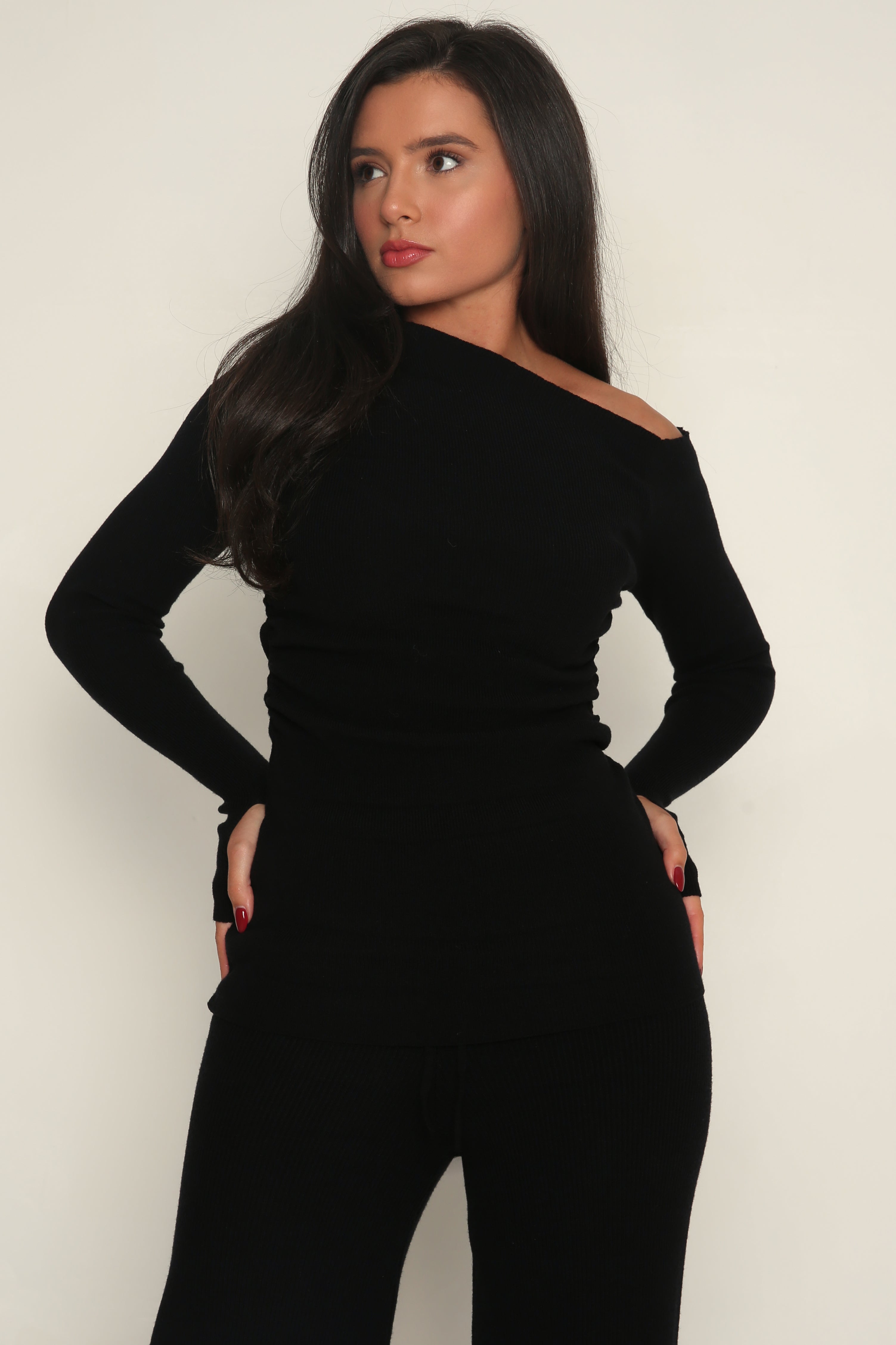 Off The Shoulder Semi Sheer Longline Top in Black