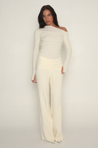 Fine Knit Wide Leg Trousers in Cream