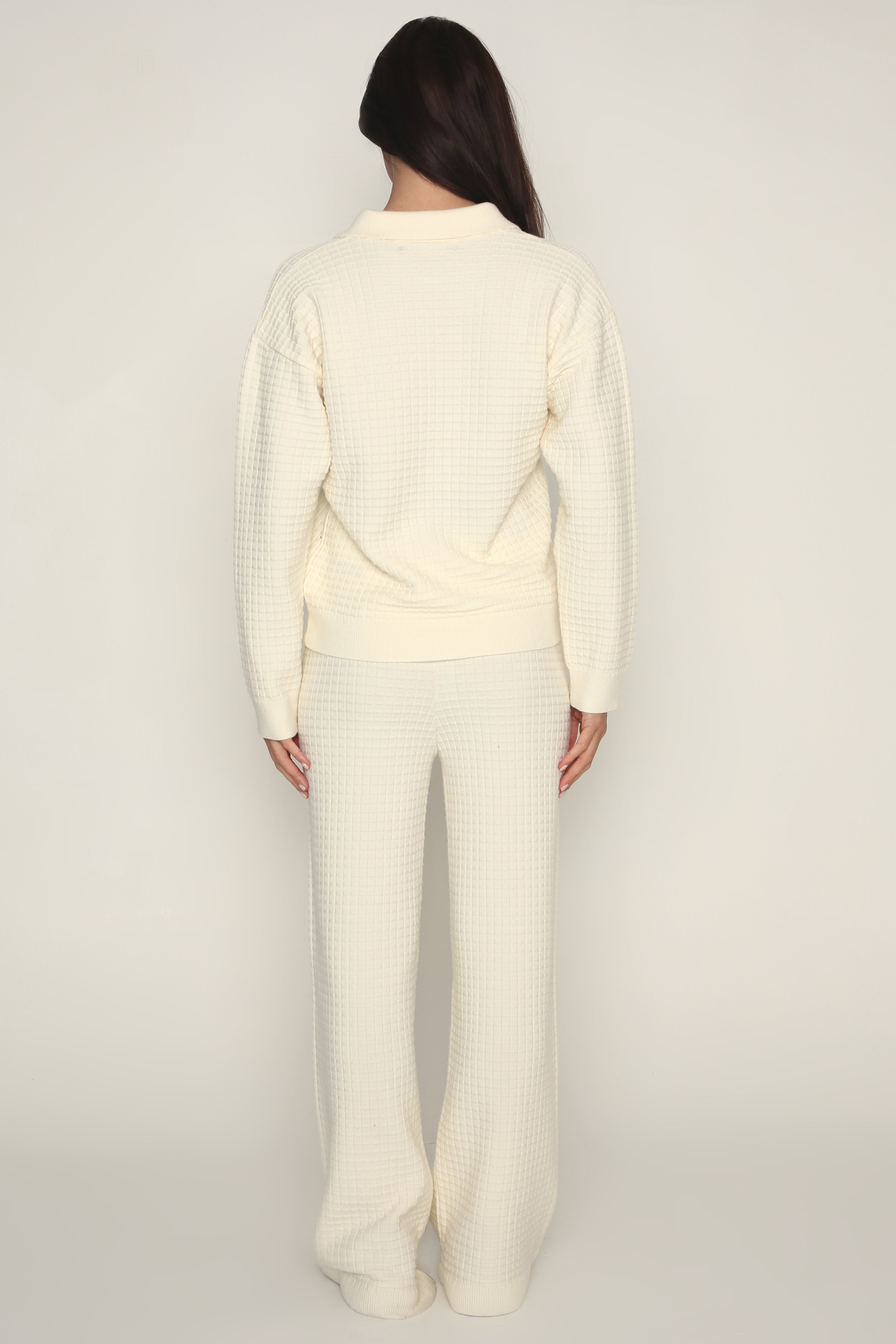 Cozy Waffle Knit Wide Leg Trousers in Cream