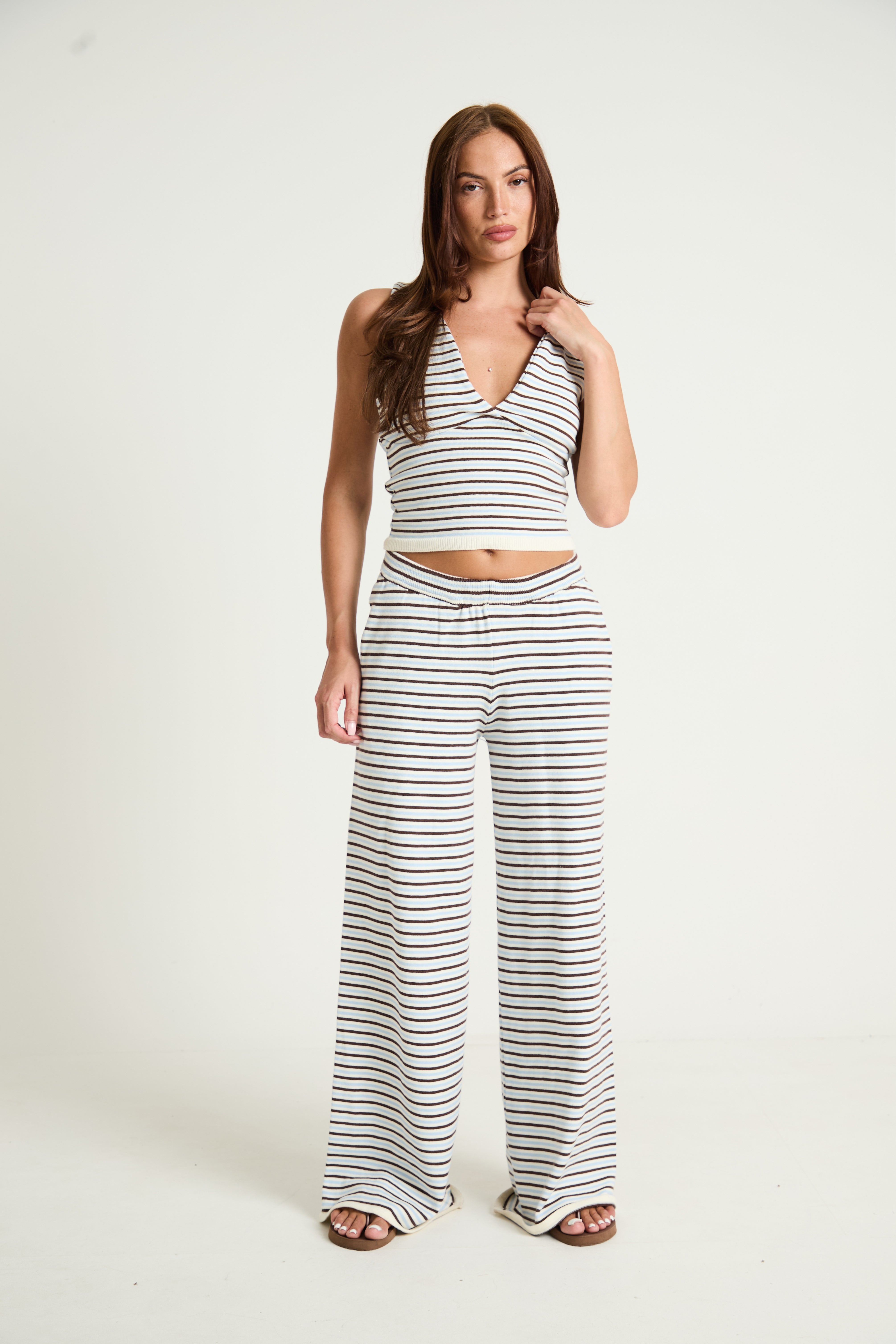 Stripe Knit Wide Leg Trousers in Blue