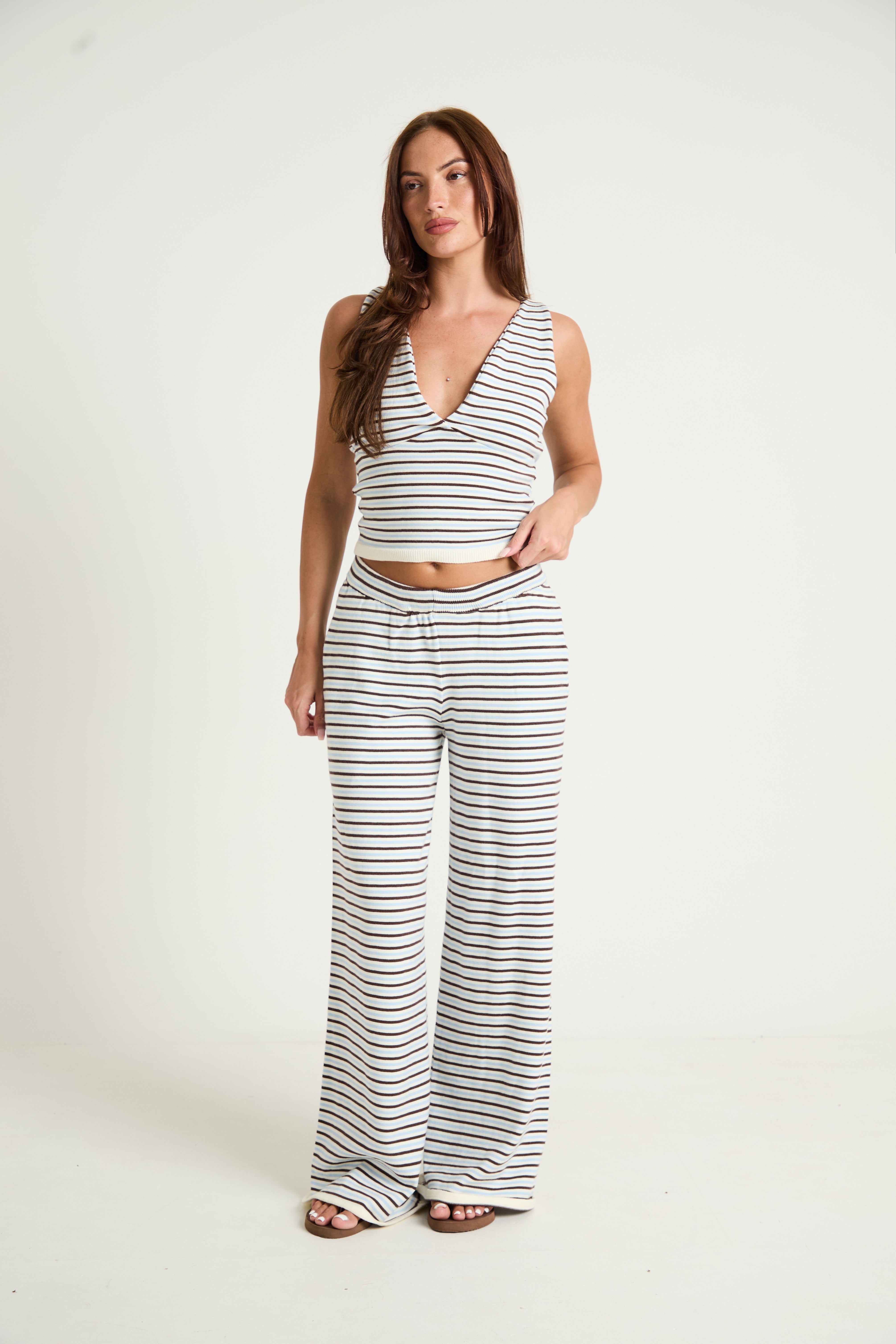 Stripe Knit Plunge Neck Top in Blue
