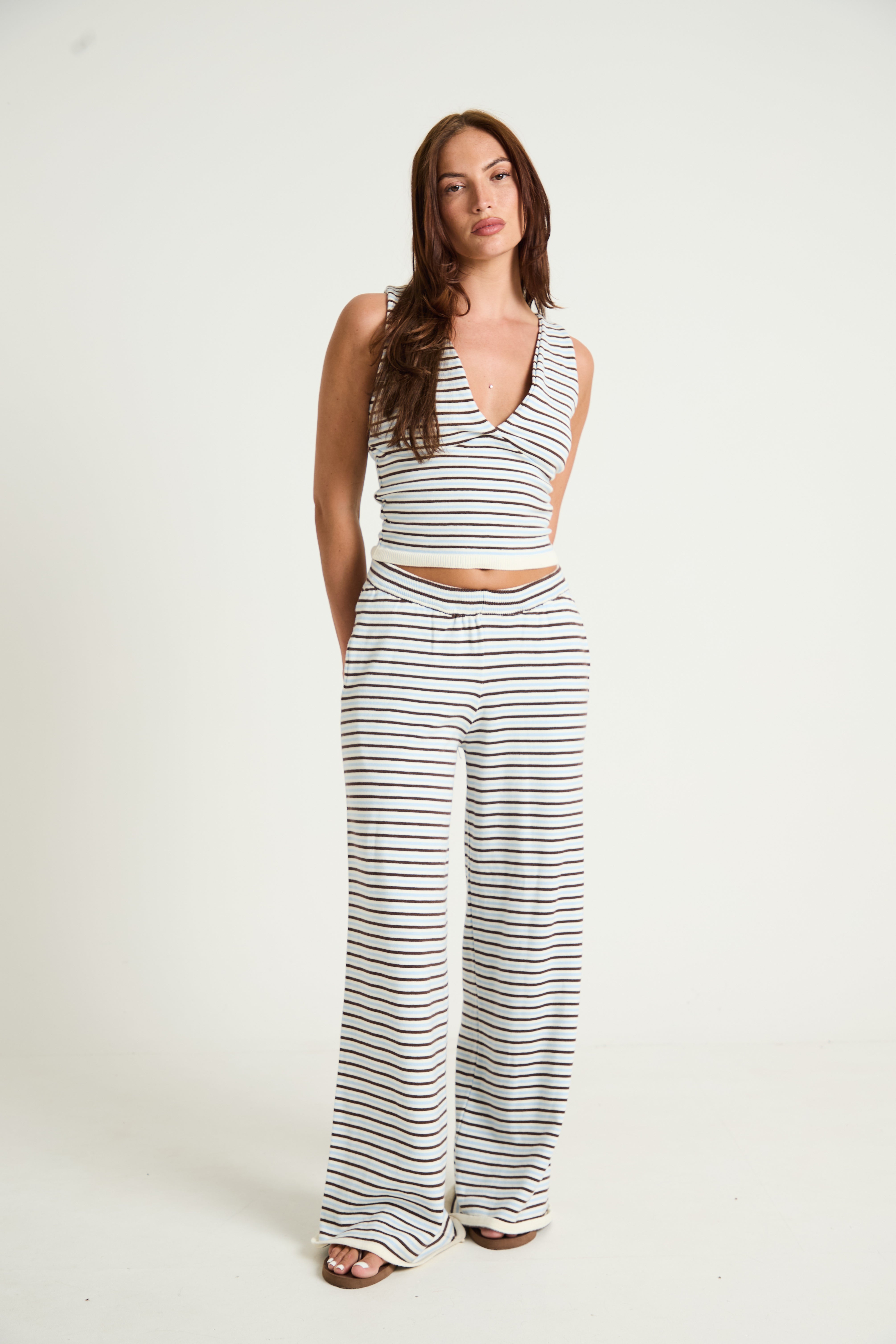 Stripe Knit Plunge Neck Top in Blue