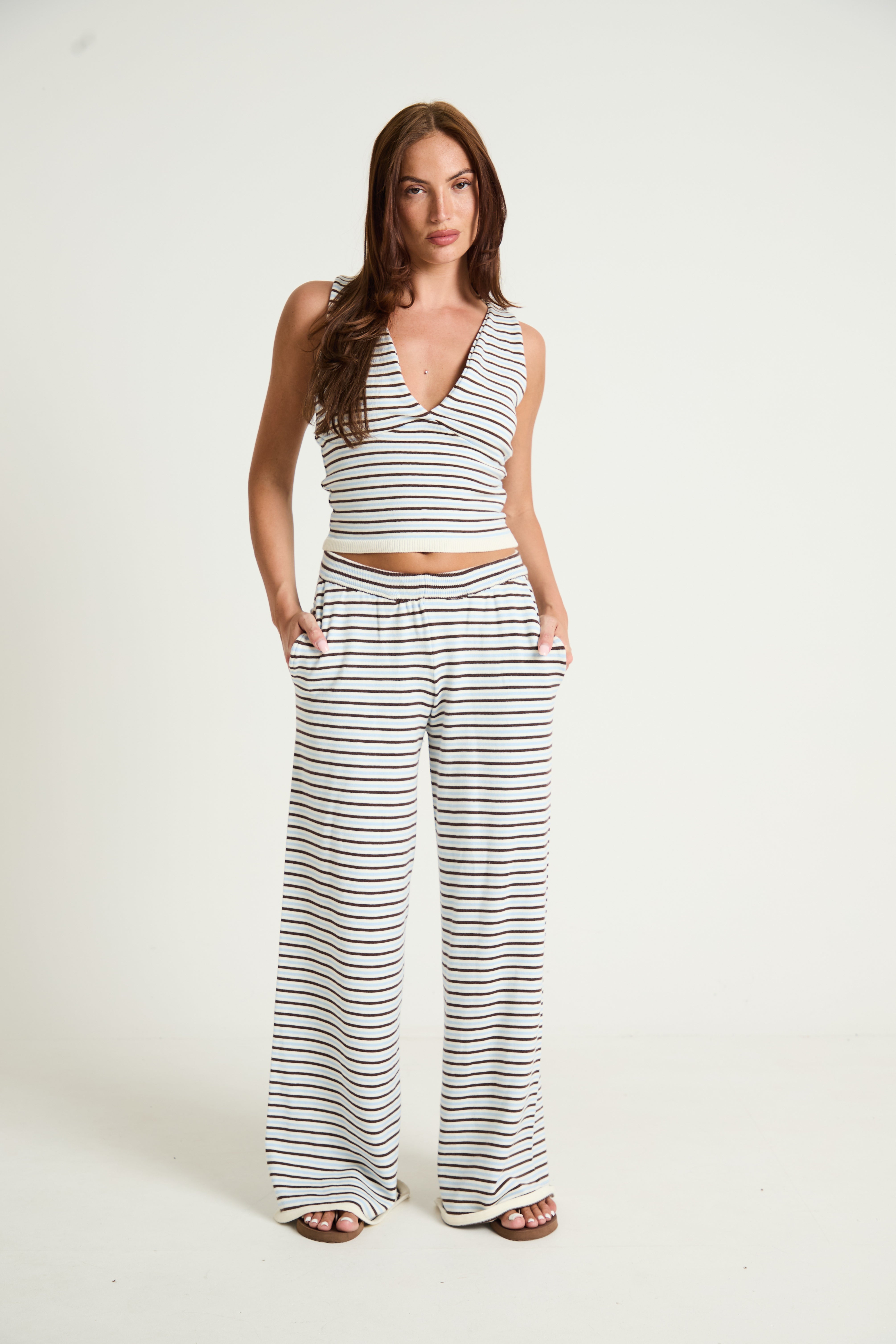 Stripe Knit Wide Leg Trousers in Blue