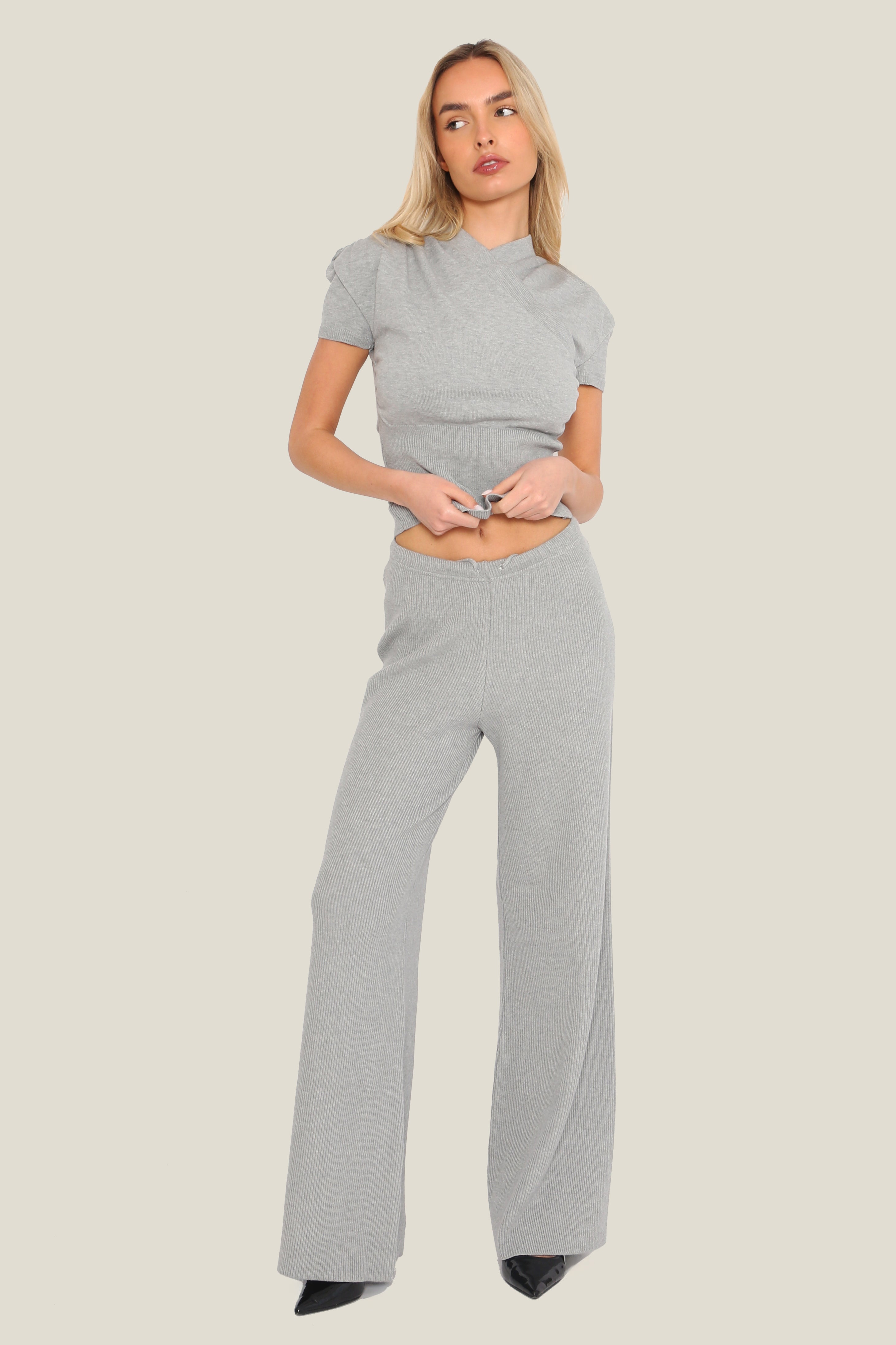 Fine Knit Wide Leg Trousers in Grey
