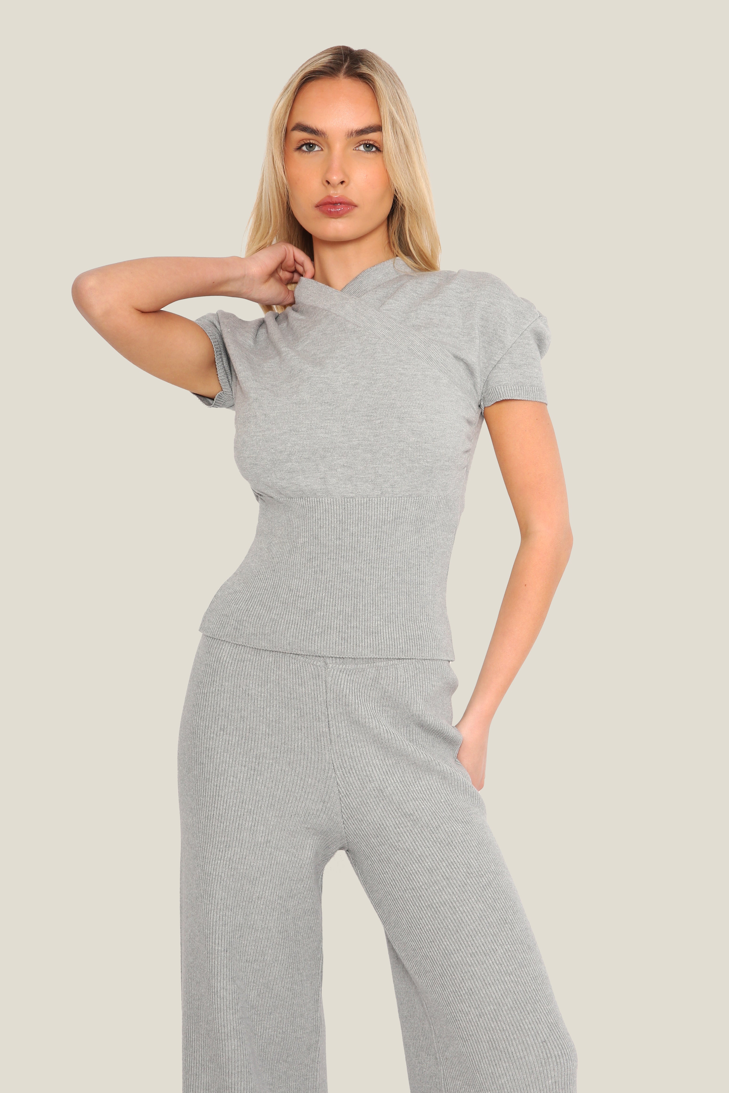 Fine Knit Wide Leg Trousers in Grey