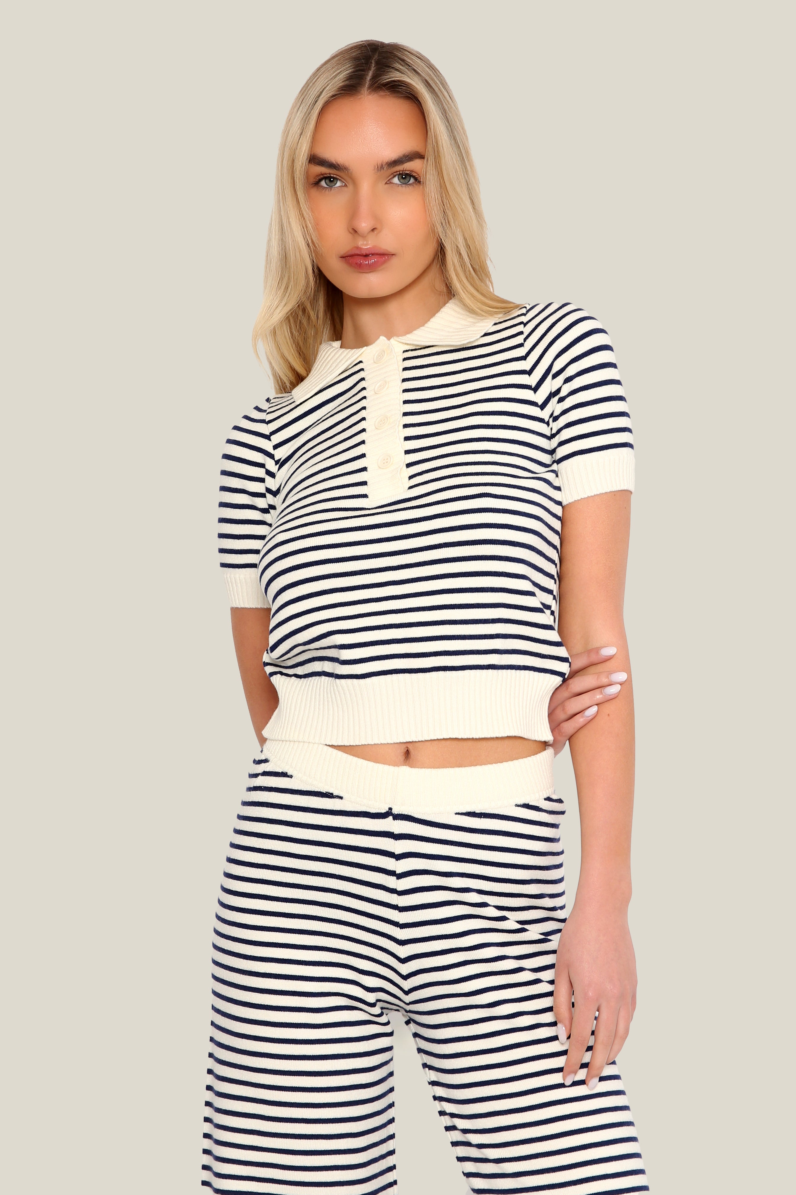 Harbour Stripe Knit Polo Top in Navy
