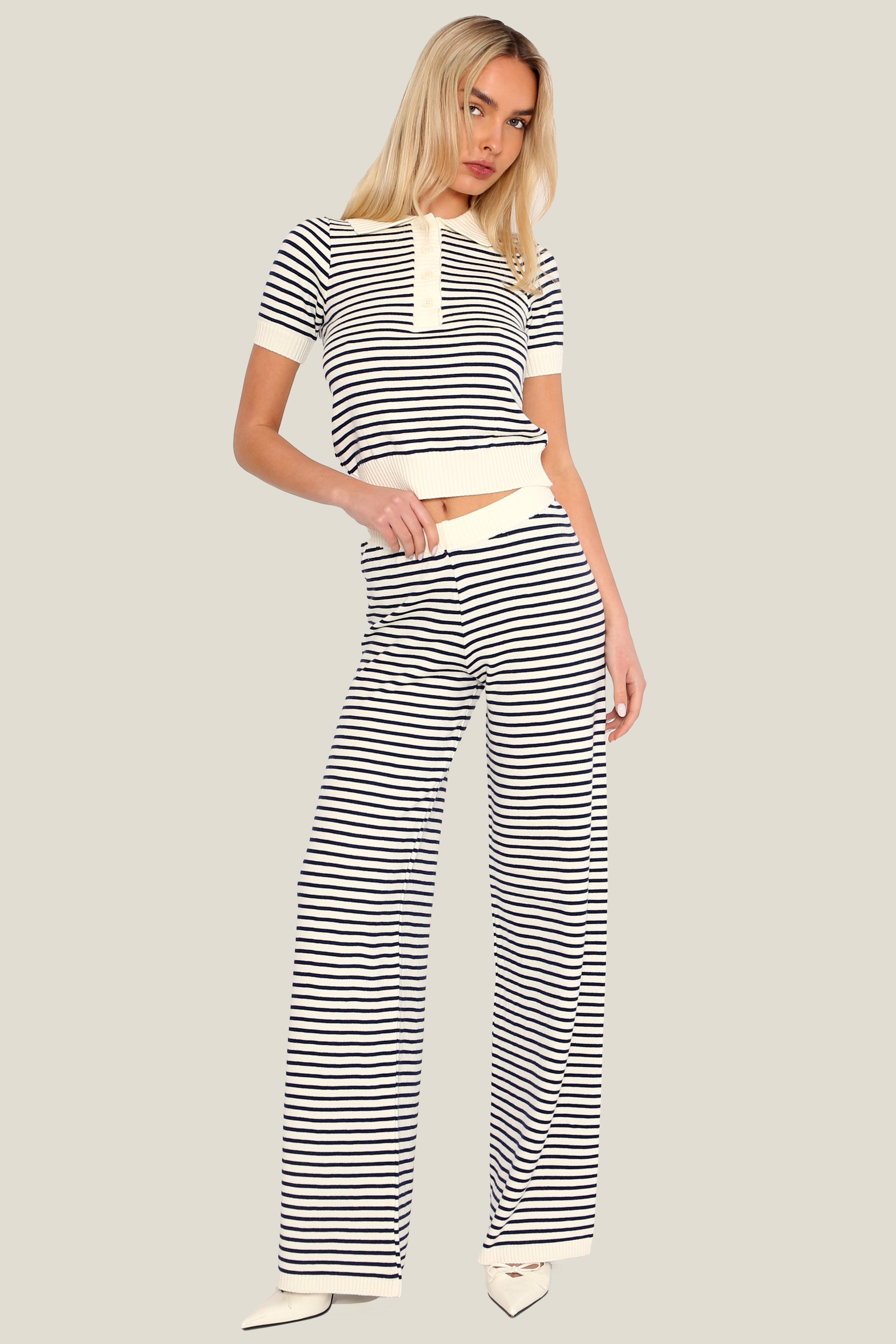 Harbour Stripe Knit Polo Top in Navy