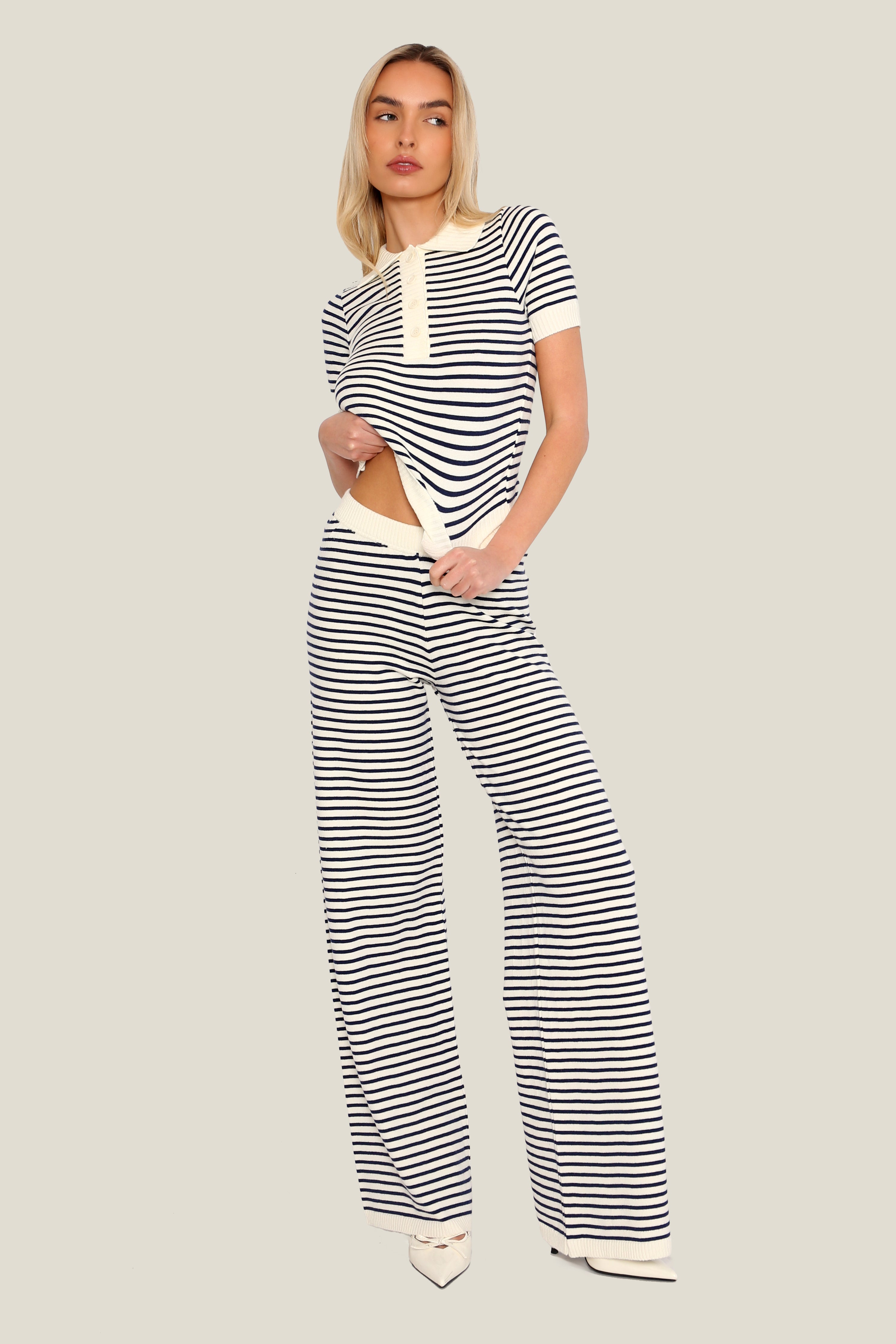 Harbour Stripe Knit Polo Top in Navy