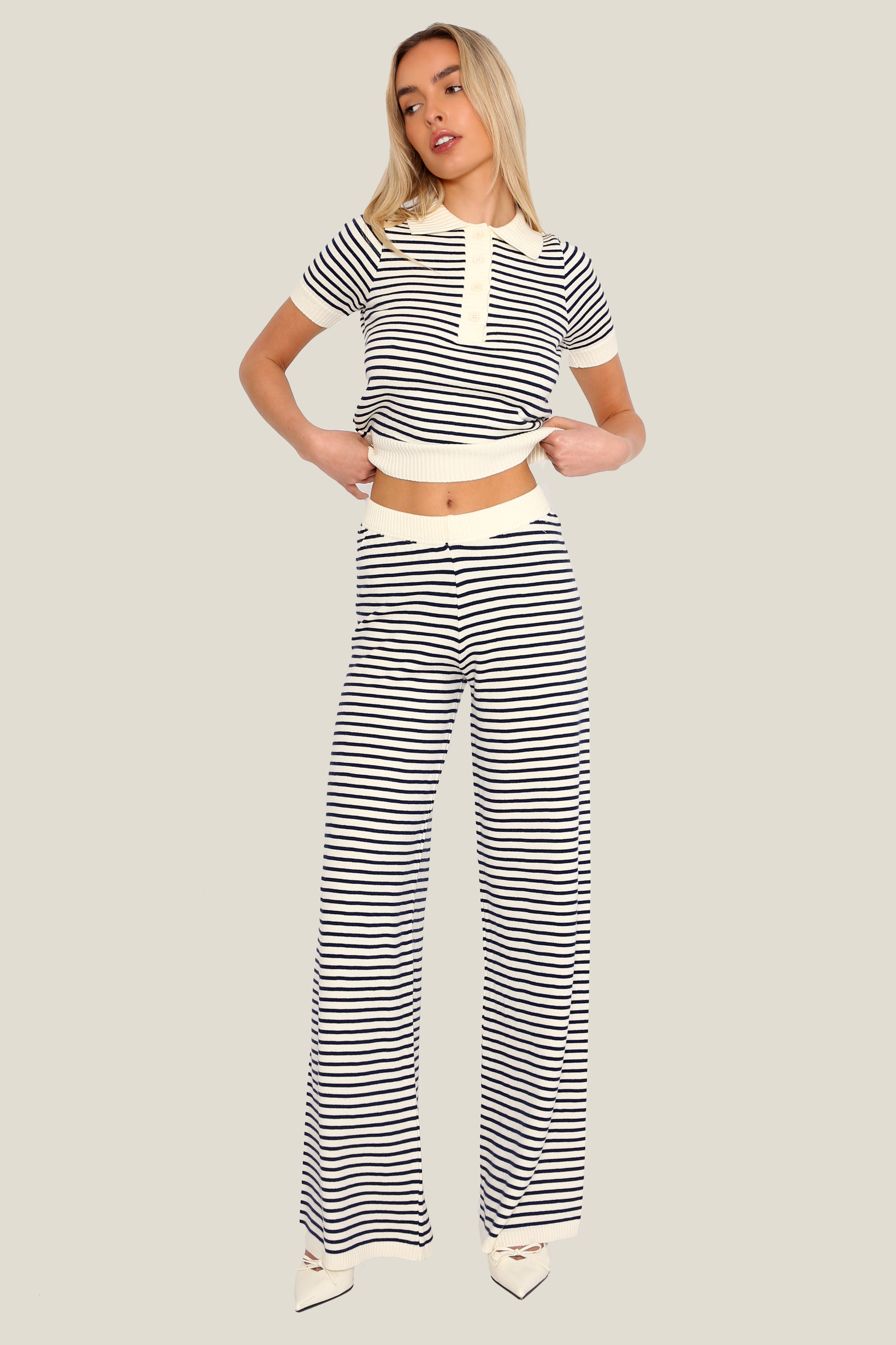 Harbour Stripe Knit Polo Top in Navy