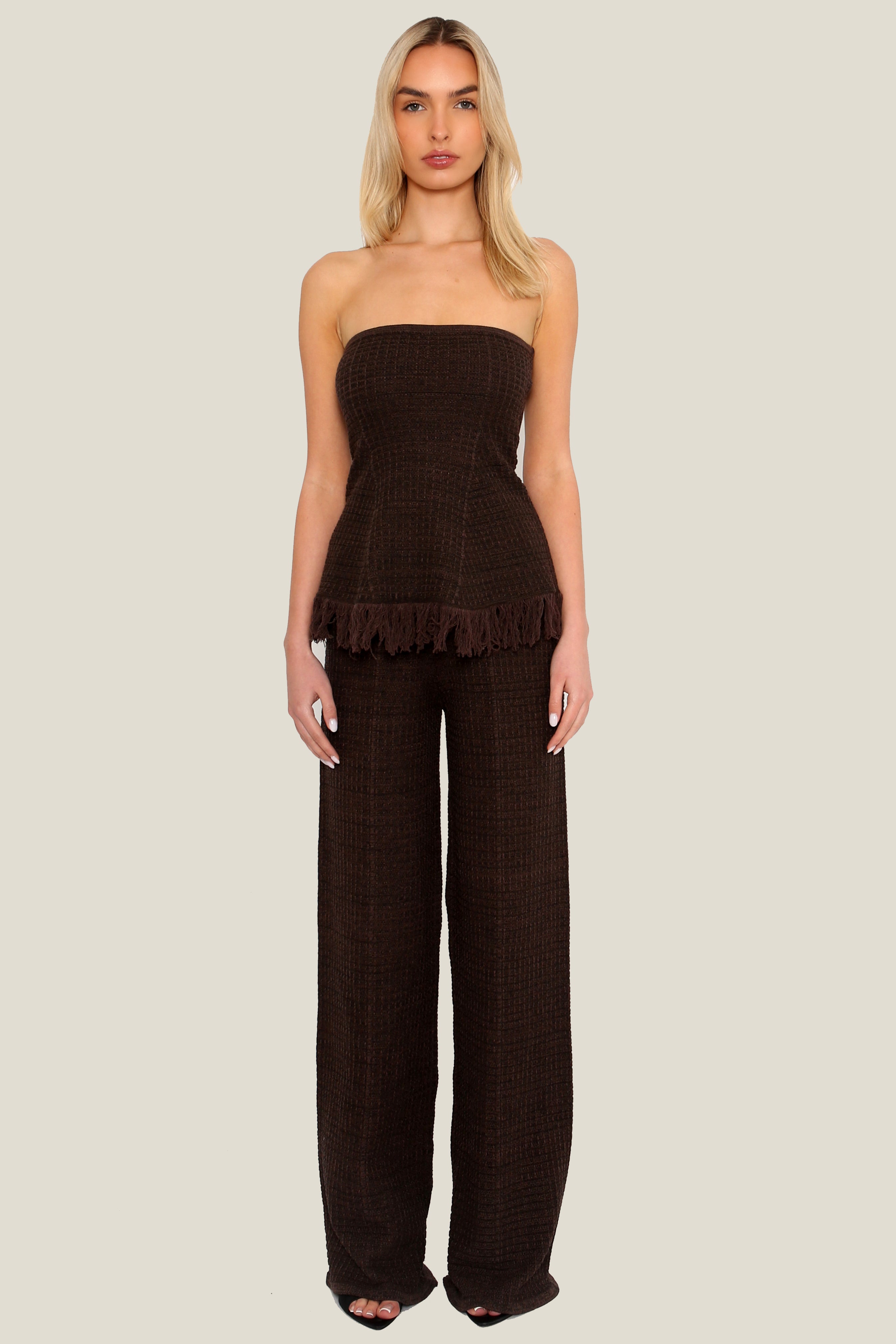 Textured Knit Wide Leg Trousers in Brown